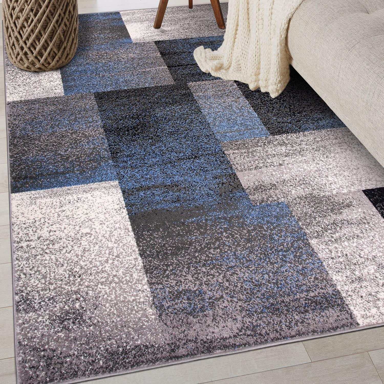 Distressed Blue Boxes Abstract 42" Synthetic Area Rug