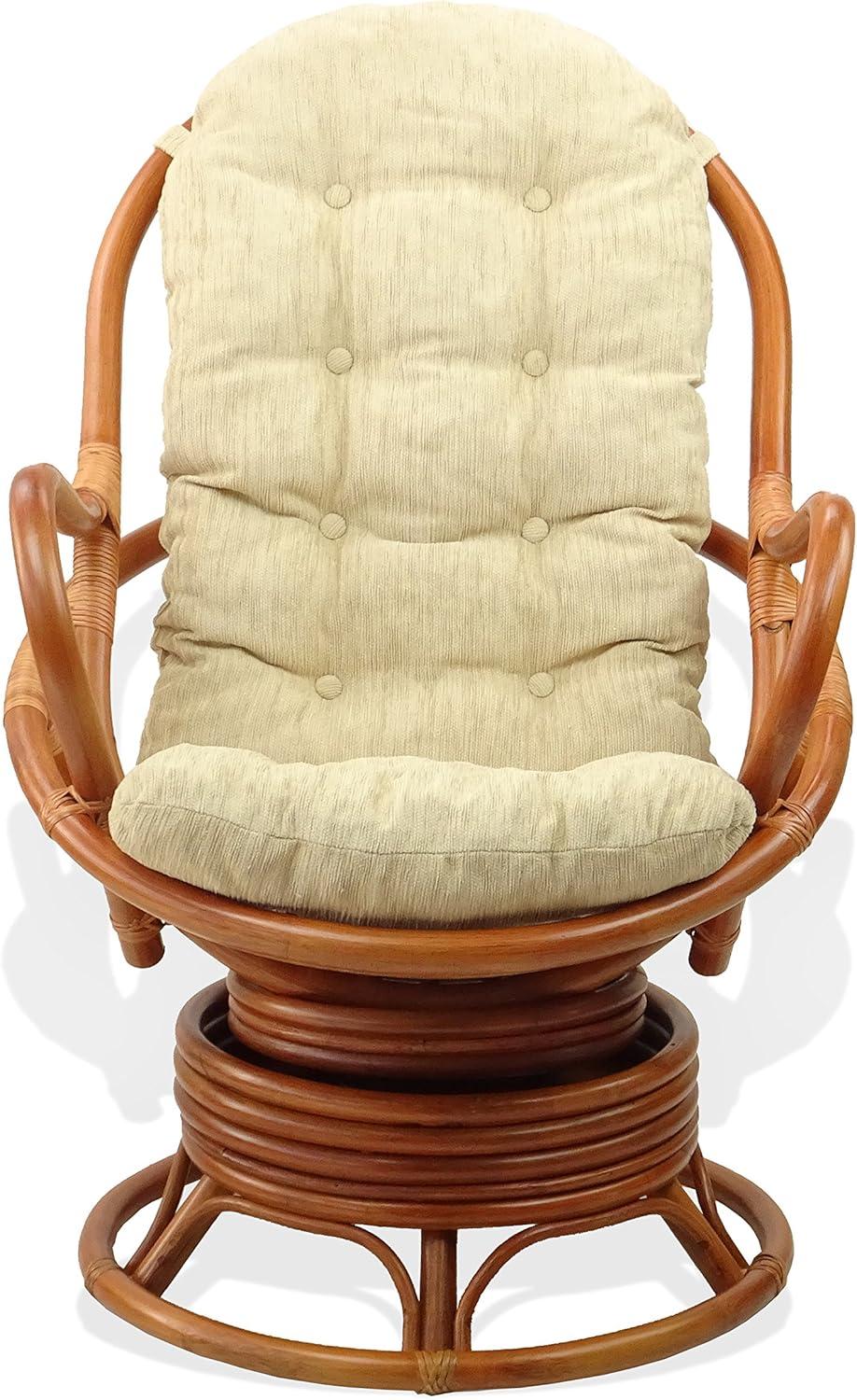 Java Lounge Swivel Rocking Chair with Cream Cushion Natural Rattan Wicker Handmade, Colonial