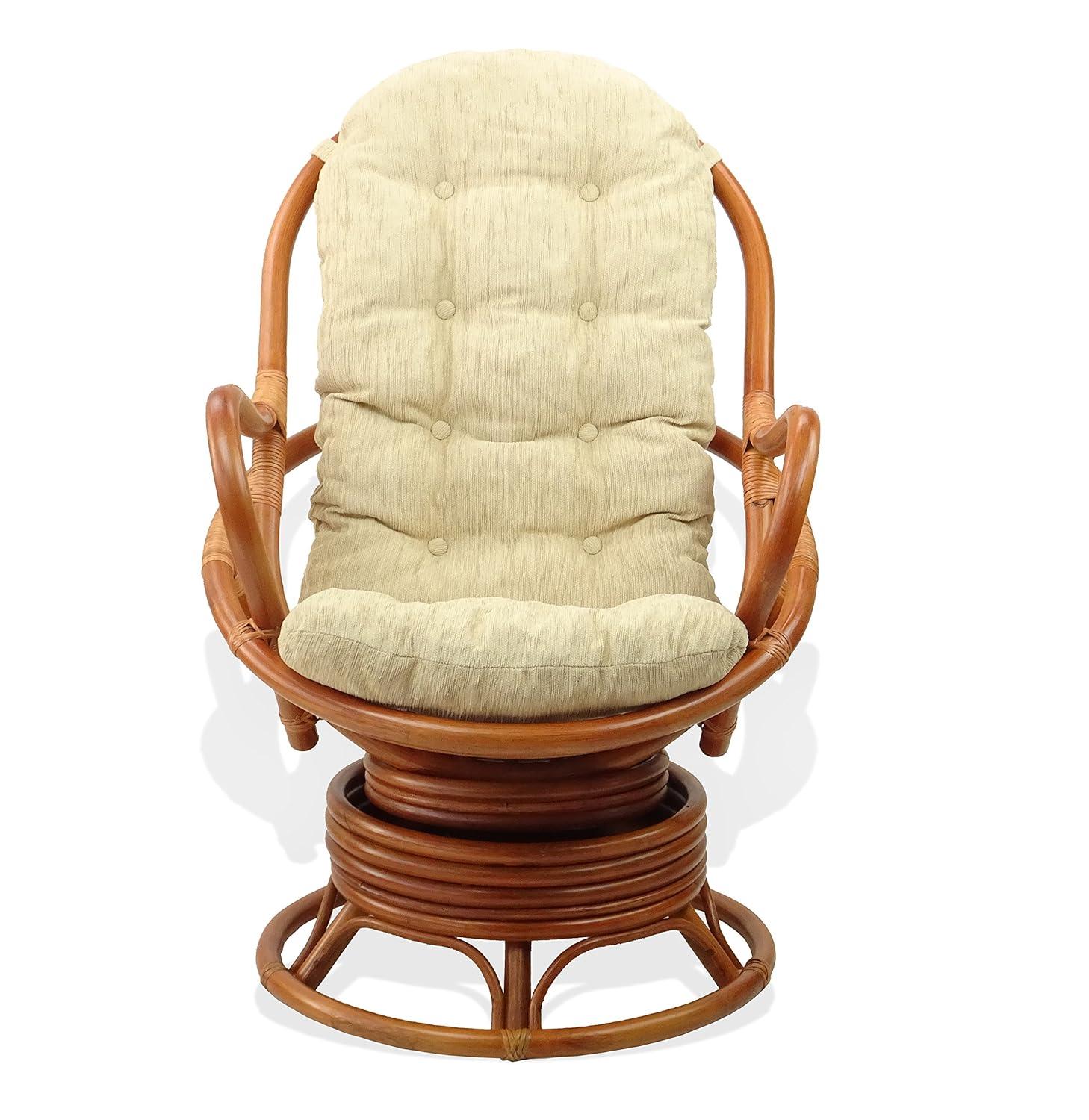 Java Lounge Swivel Rocking Chair with Cream Cushion Natural Rattan Wicker Handmade, Colonial