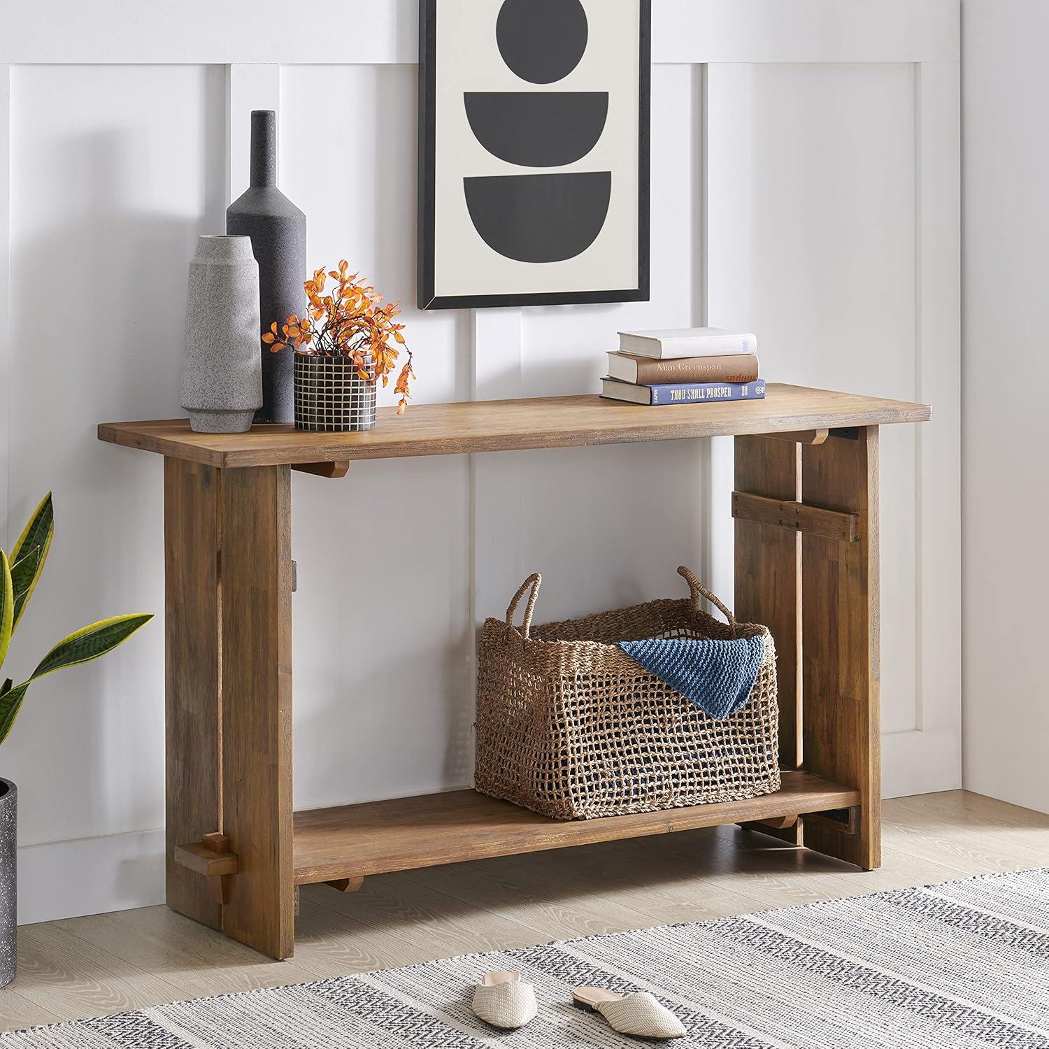 Bethel 52" Natural Acacia Wood Console Table with Storage Shelf