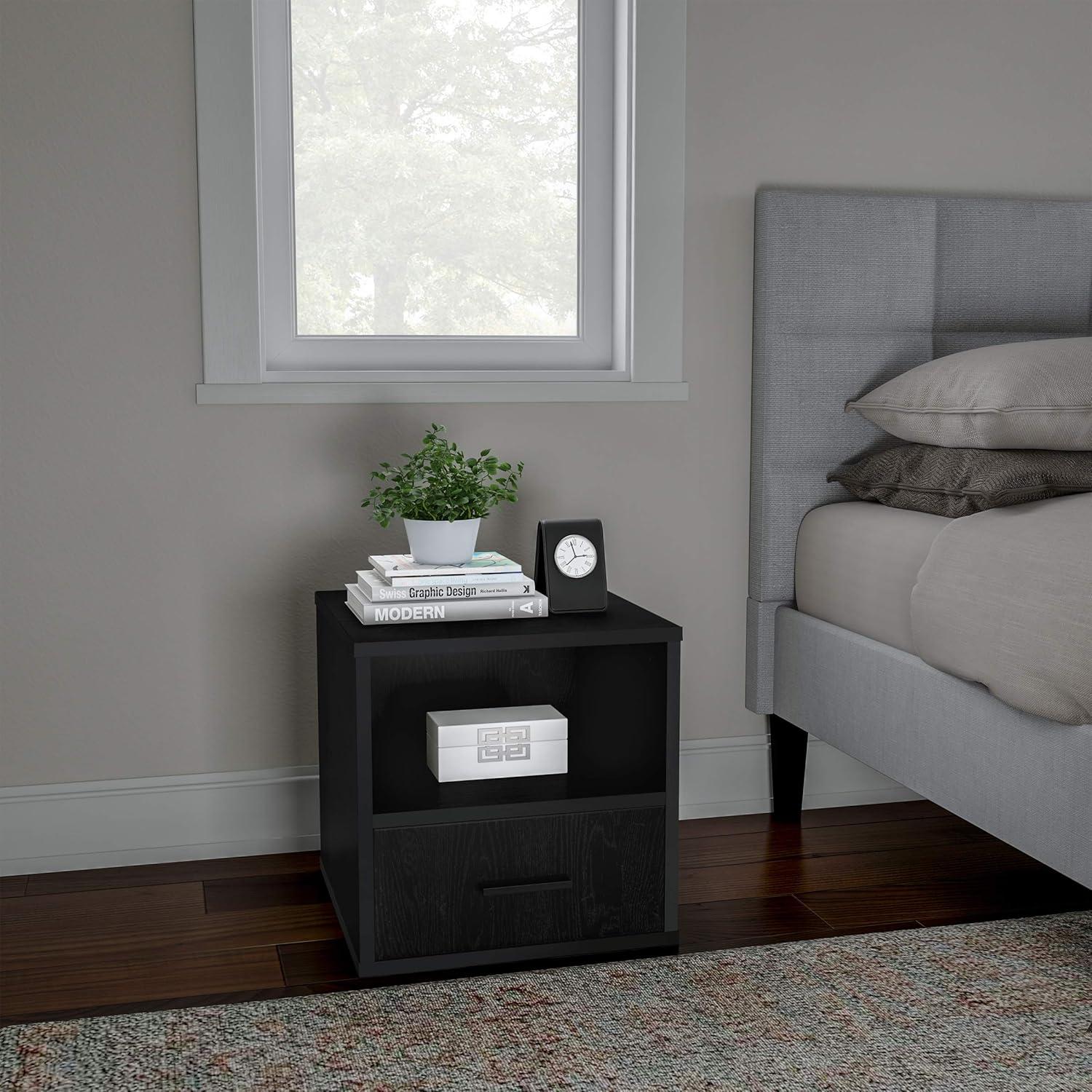 Lavish Home End Table Cube with Drawer, Black