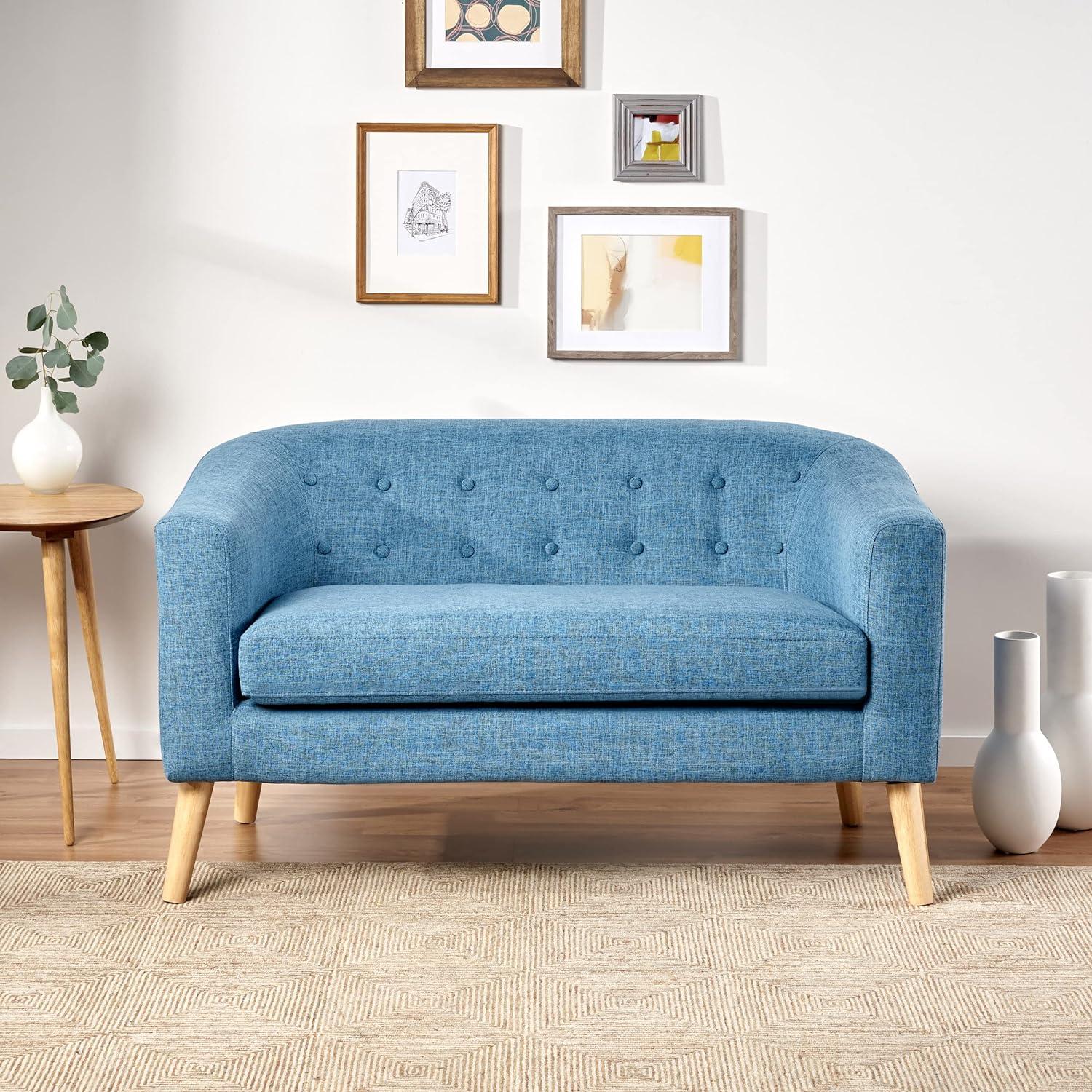 Muted Blue Tufted Fabric Loveseat with Rubberwood Legs