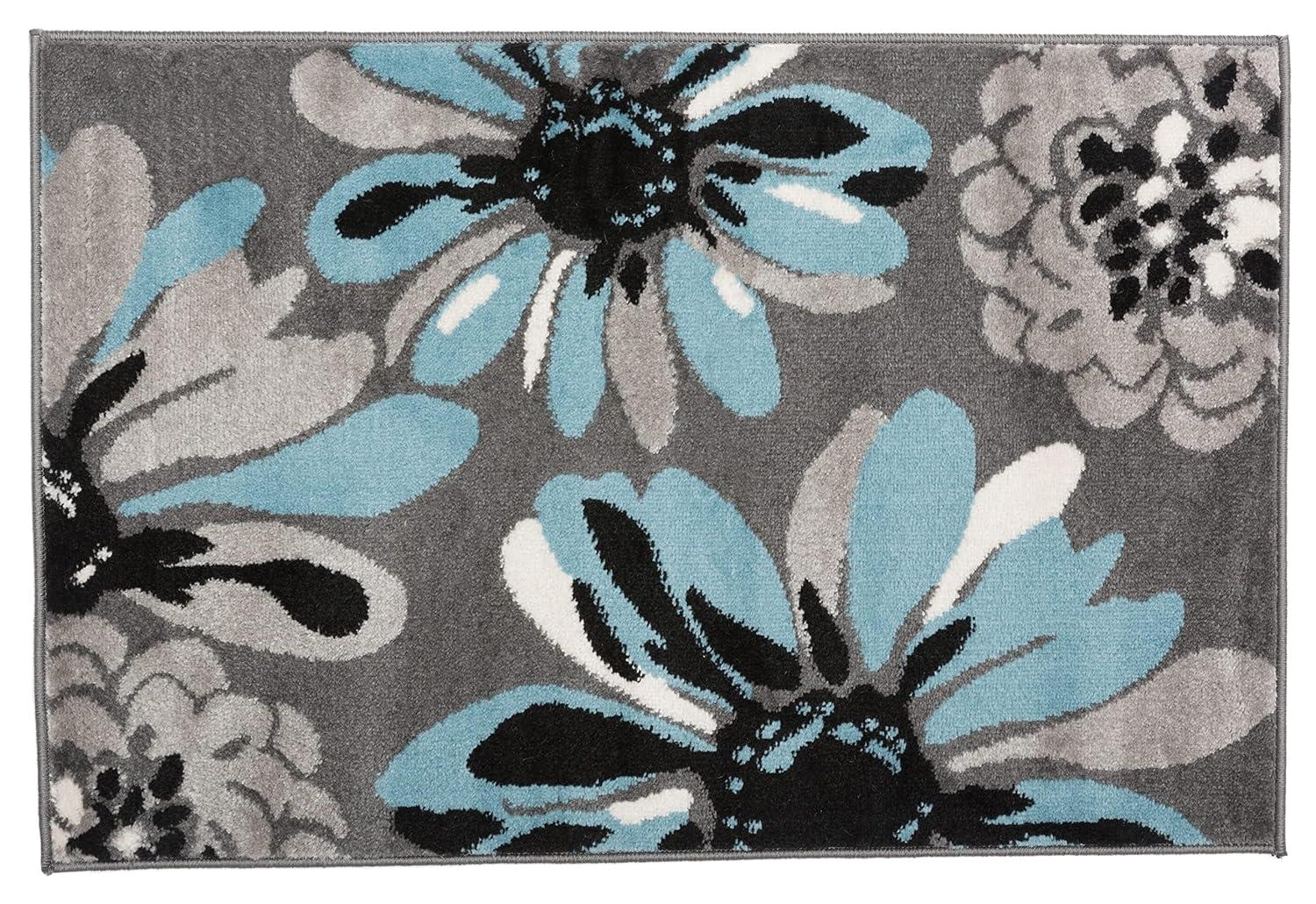 World Rug Gallery Contemporary Modern Flowers Door Mat - Blue 2' x 3': Floral, Stain-Resistant, Low Pile, Indoor Use