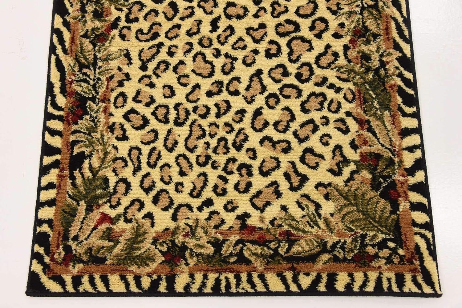 Ivory and Black Leopard Print Runner Rug with Botanical Border