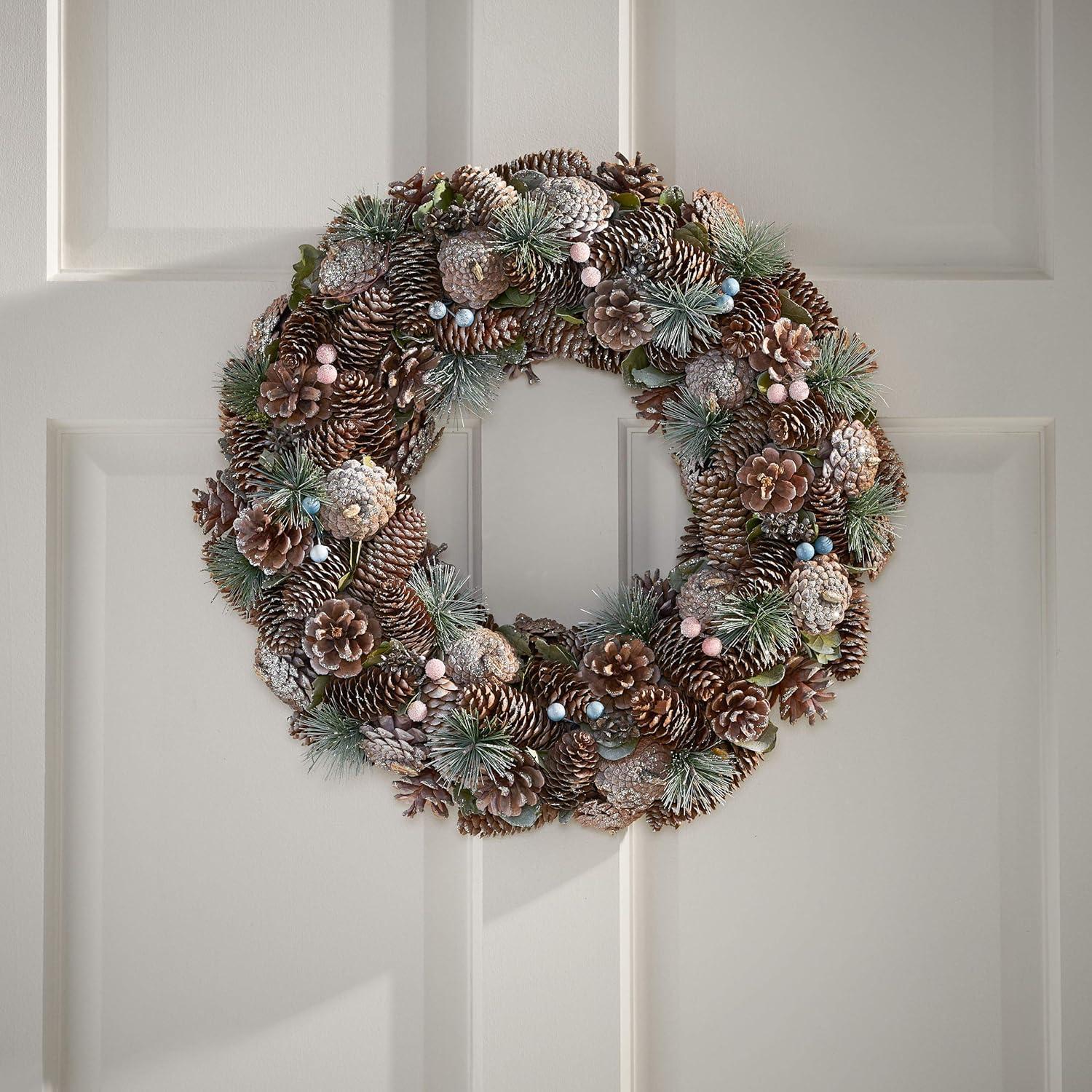 Christopher Knight Home Modern 18.5" Pine Cone and Glitter Artificial Christmas Wreath, Natural and White by
