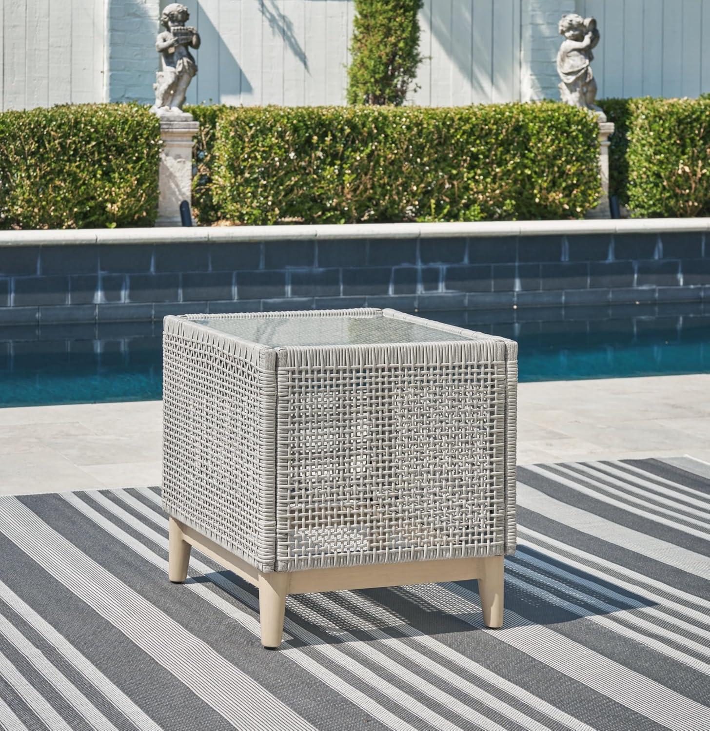 Signature Design by Ashley Seton Creek Contemporary Chic Outdoor All-Weather Resin Wicker End Table with Tempered Glass Tabletop, Gray & Light Brown