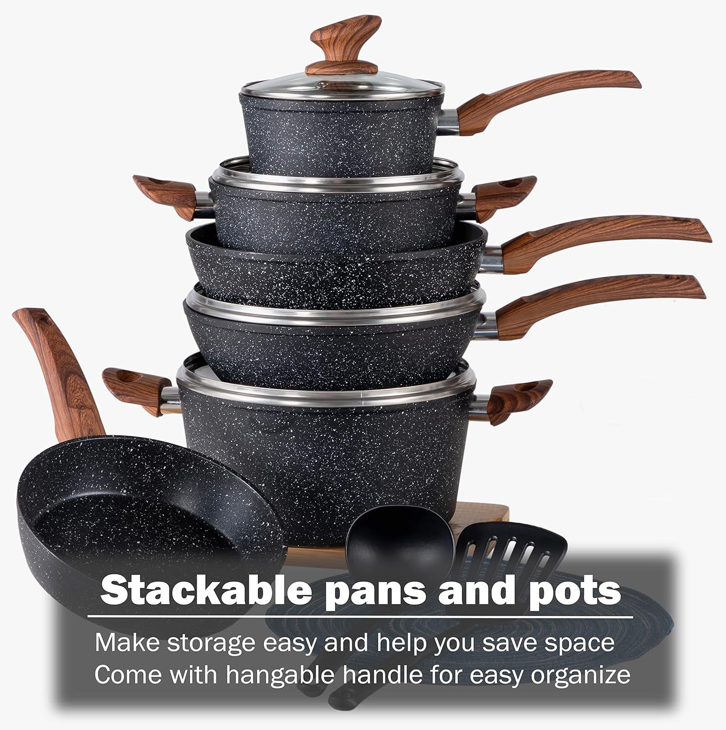 BN-LINKKL Kitchen Academy Induction Cookware Sets - 12 Piece Cooking Pan Set, Granite Black Nonstick Pots And Pans Set
