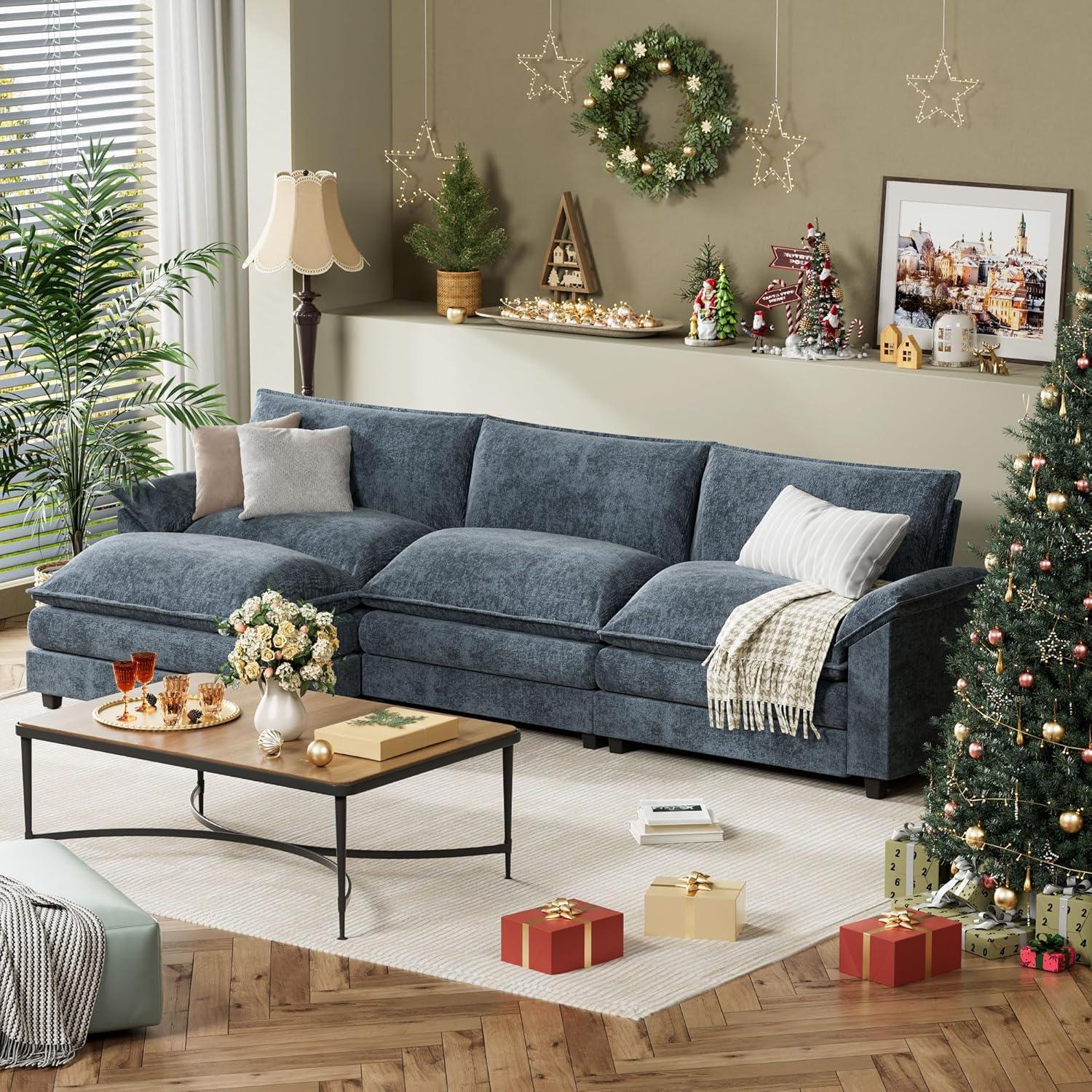 Blue Chenille Fabric L-Shaped Sectional Sofa with Ottoman