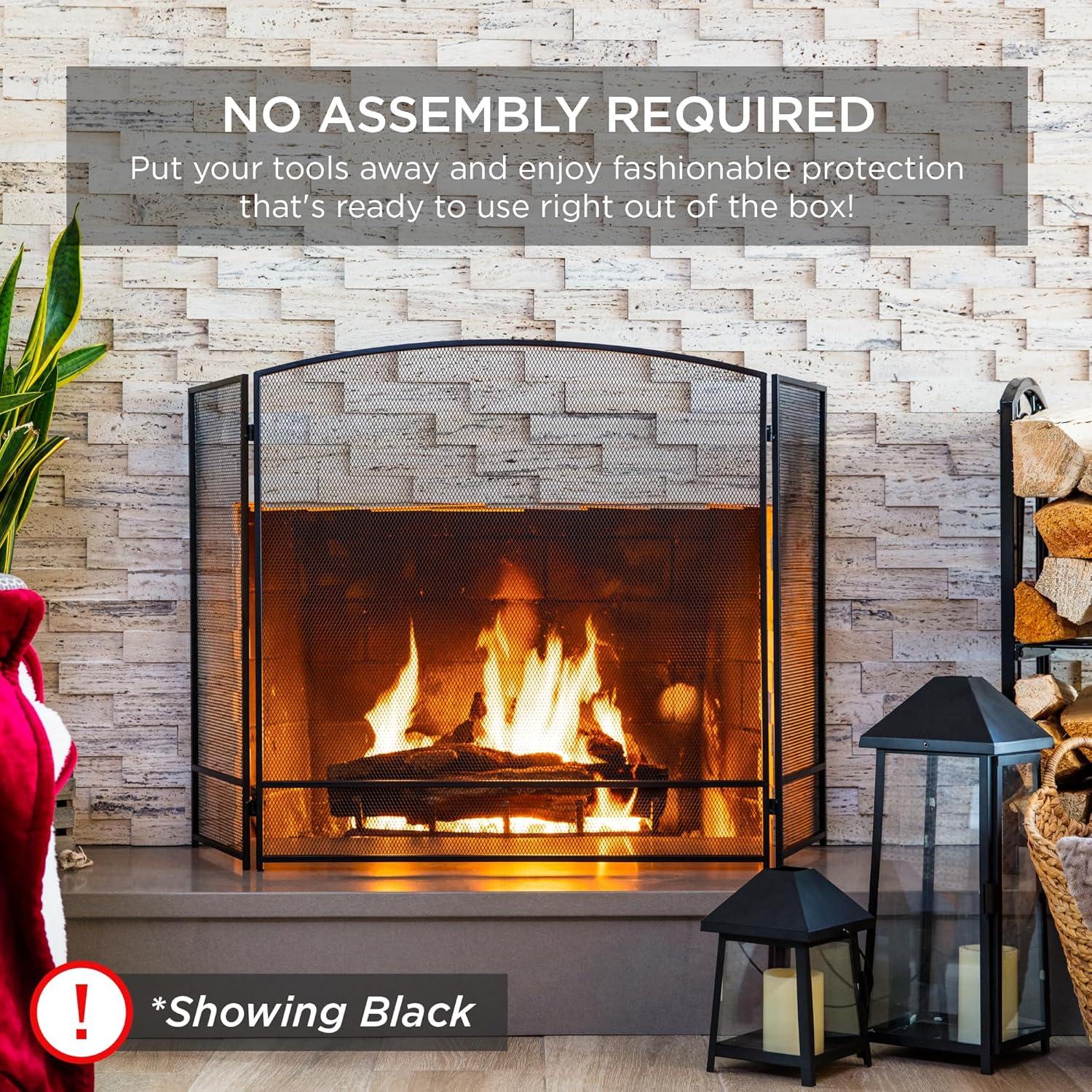 Best Choice Products 47.5x27.25in 3-Panel Steel Mesh Fireplace Screen, Spark Guard w/ Rustic Worn Finish - Antique Gold