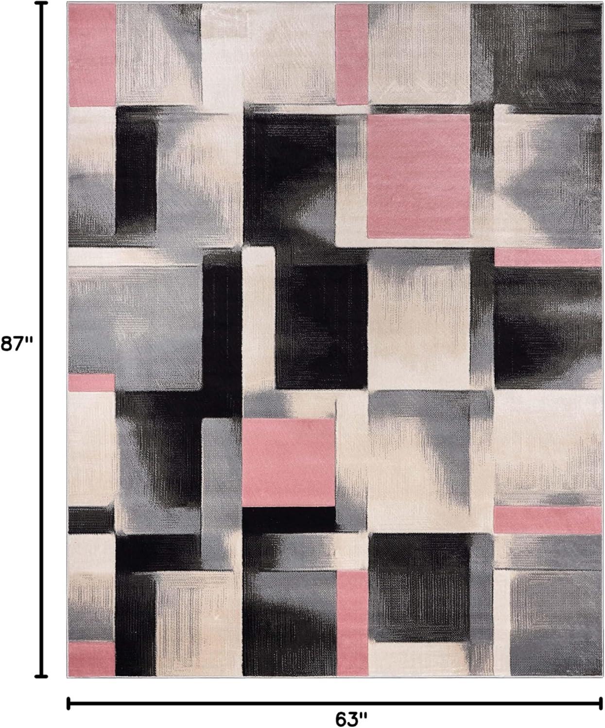 Blush Pink and Black Geometric Rectangular Area Rug 5' x 7'