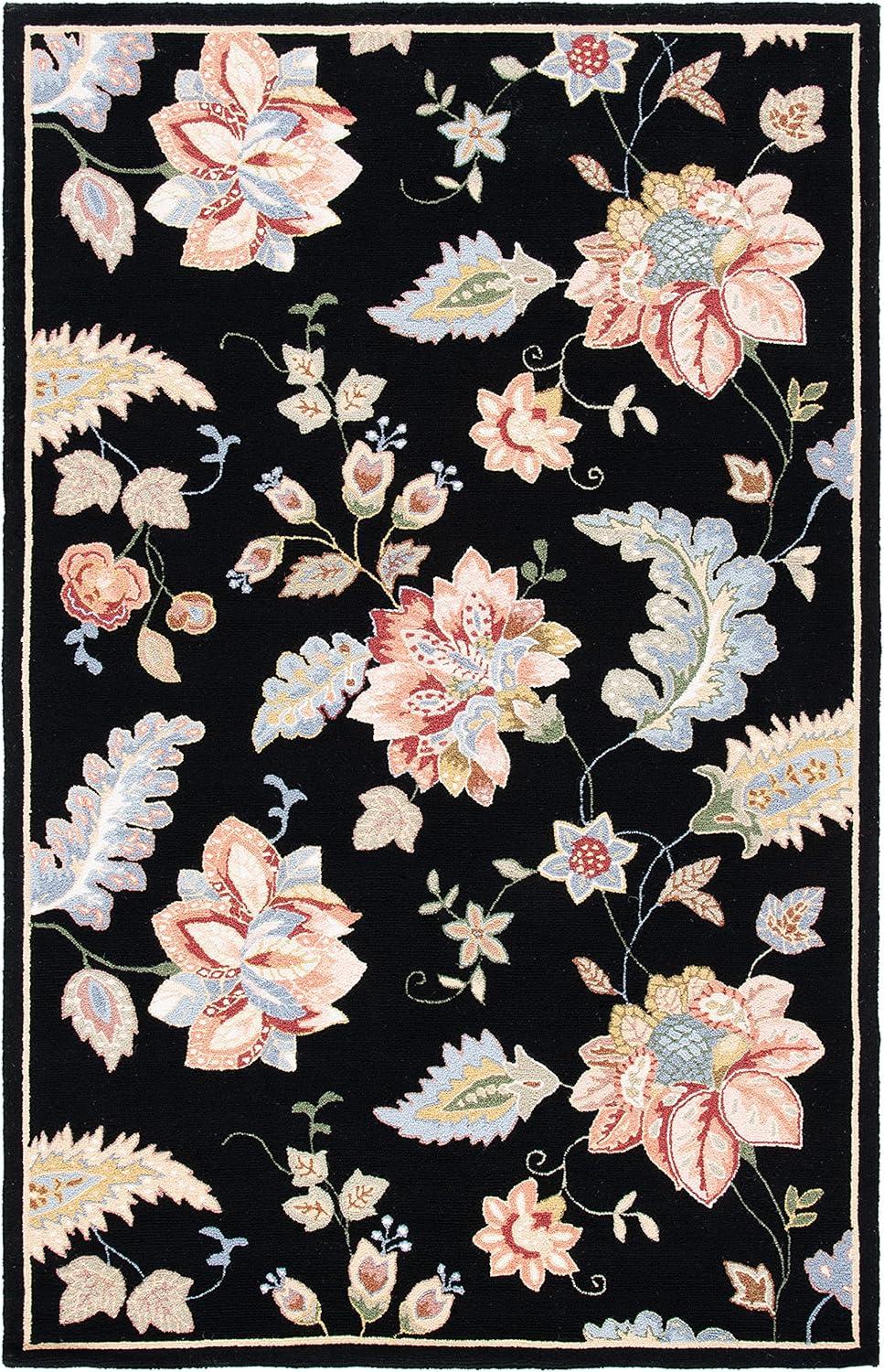 Elegant Chelsea Black Floral Hand-Knotted Wool Area Rug - 5'3" x 8'3"