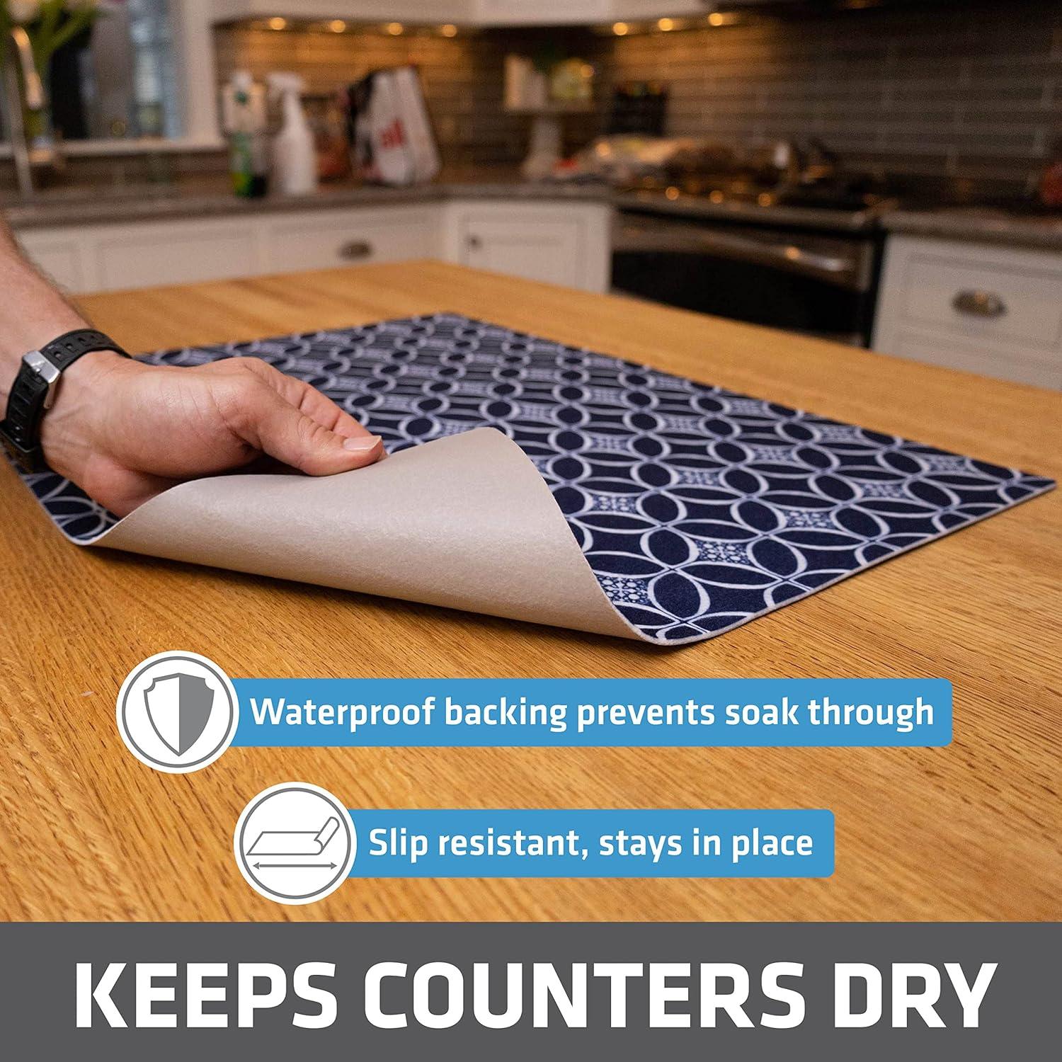 Drymate XL Dish Drying Mat, Oversized (19”x24”), Low-Profile, Super Absorbent, Quick Dry Fabric, Waterproof & Slip-Resistant, for Kitchen Counter, Trimmable, Easy to Clean (USA Made)(Indigo)