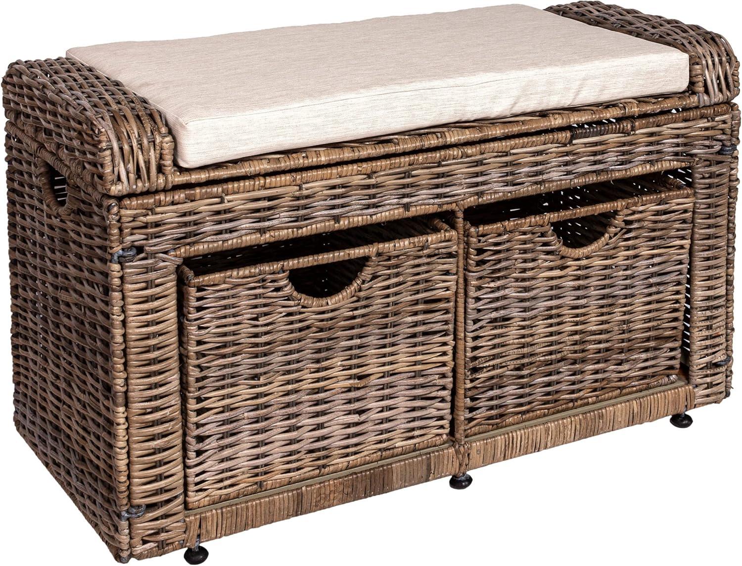 Palermo 34.5" Brown Woven Wicker Storage Bench with Cushion