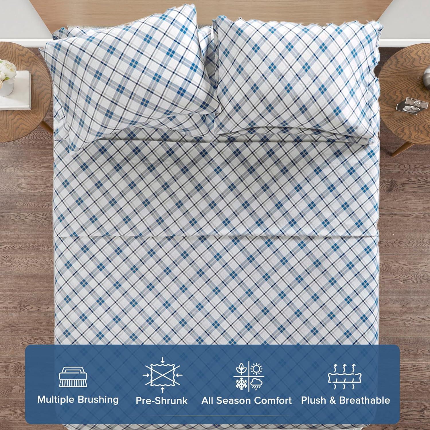 Comfort Spaces King Sheet Set, Flannel Bed Sheets King, 100% Cotton Bed Sheets Set with Deep Pocket, 4-Piece Plaid Blue