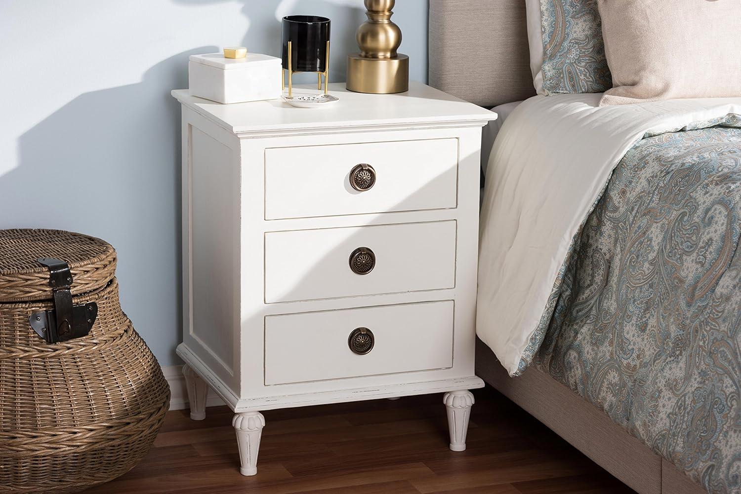 Whitewashed Mindi Wood 3-Drawer Nightstand with Bronze Hardware