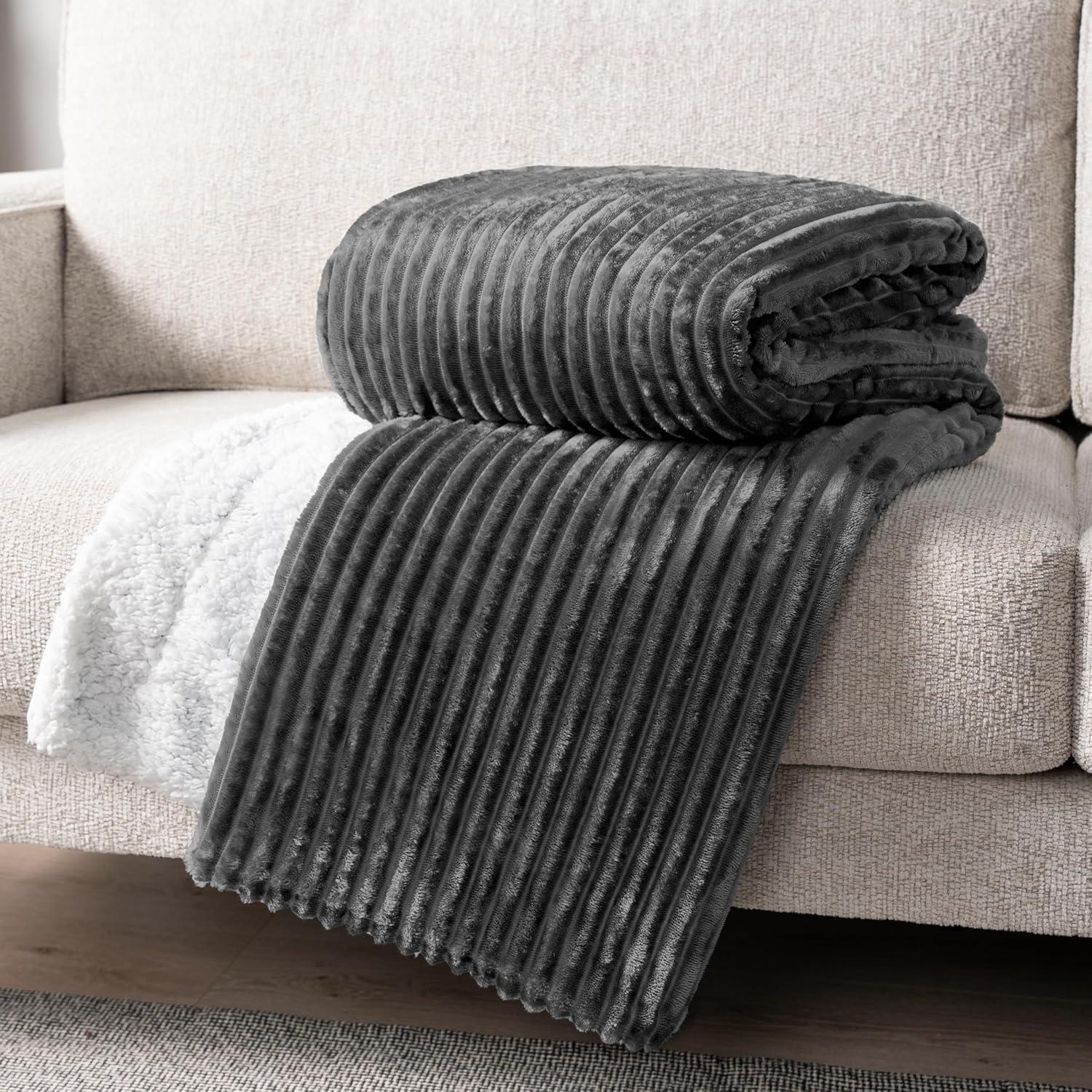 PAVILIA Soft Thick Fleece Flannel Ribbed Striped Throw Blanket, Luxury Fuzzy Plush Warm Cozy for Sofa Couch Bed