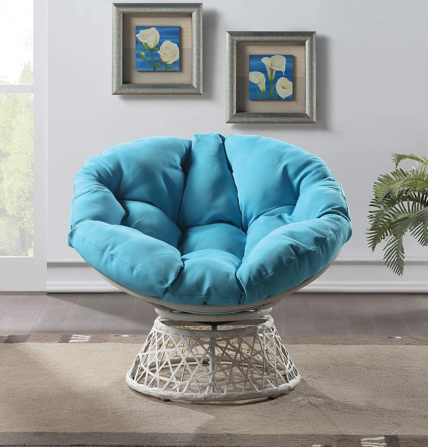 Office Star Products Papasan Chair with Round Pillow Cushion and Cream Wicker Weave Light Blue