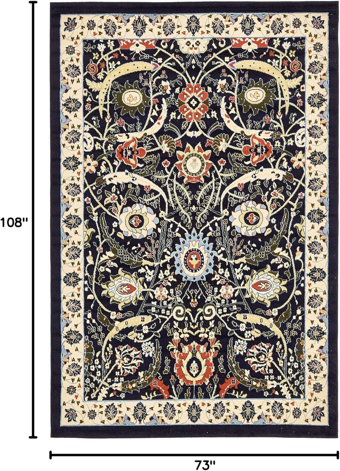 Unique Loom Cape Cod Espahan Rug Navy Blue/Black 6' 1" x 9' Rectangle Floral Traditional Perfect For Living Room Bed Room Dining Room Office