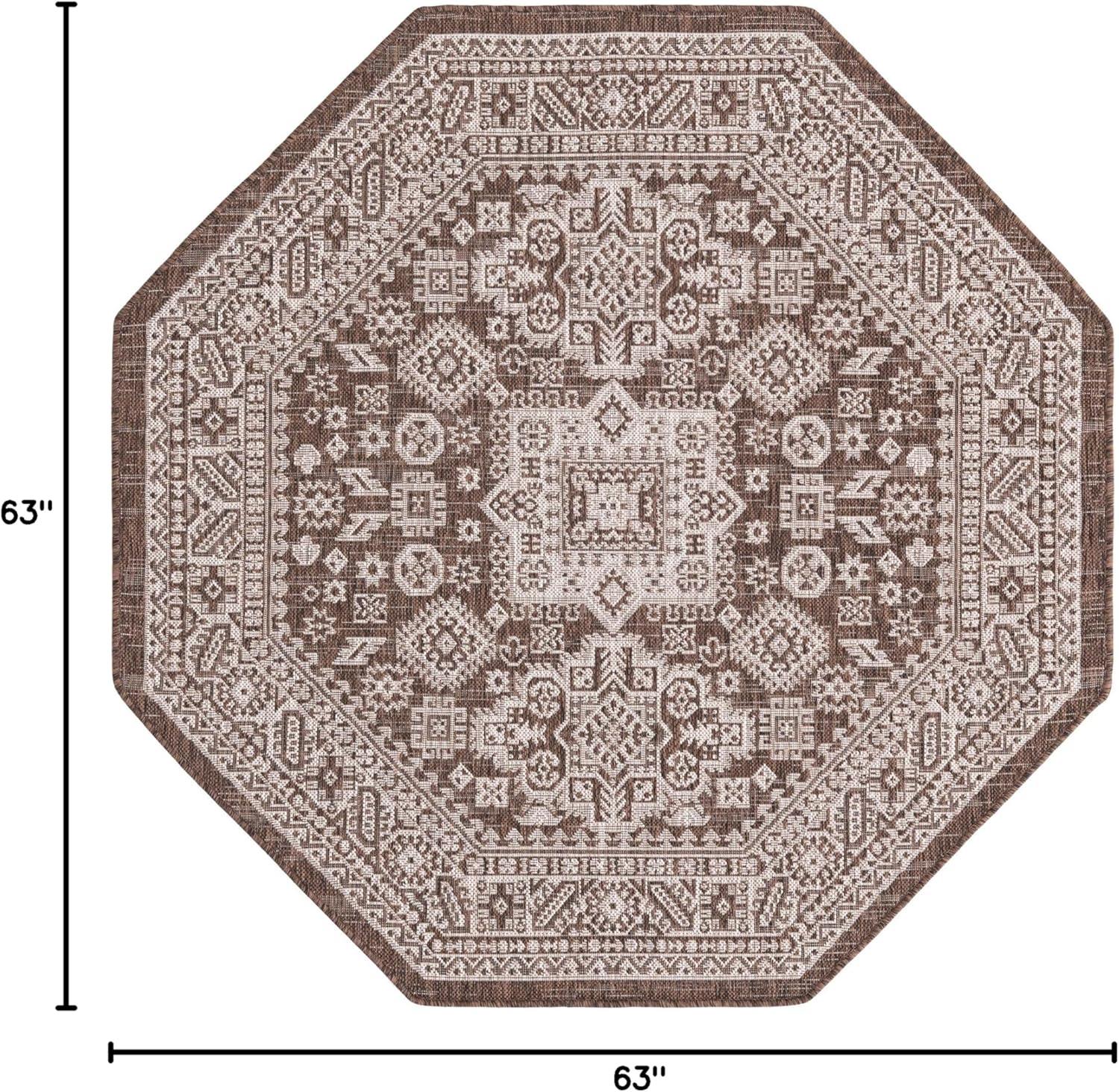 Aztec Brown Polypropylene Octagon Flatweave Rug 5' 3"