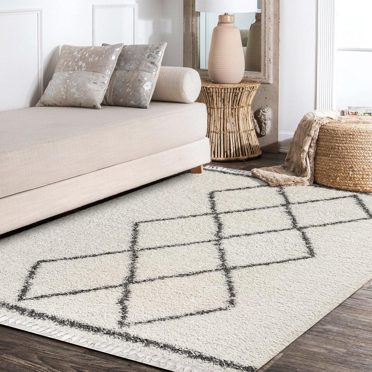 5'x8' Mercer Shag Plush Tassel Moroccan Geometric Trellis Area Rug, Cream/Grey - JONATHAN Y