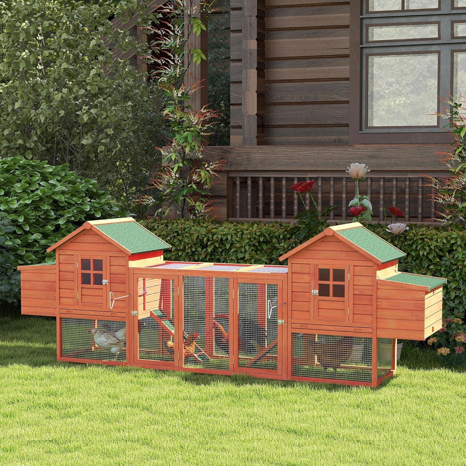 PawHut 124" Dual Chicken Coop, Wooden Large Chicken House, or Rabbit Hutch, Hen Poultry Cage Backyard with Outdoor Ramps and Nesting Boxes, Natural