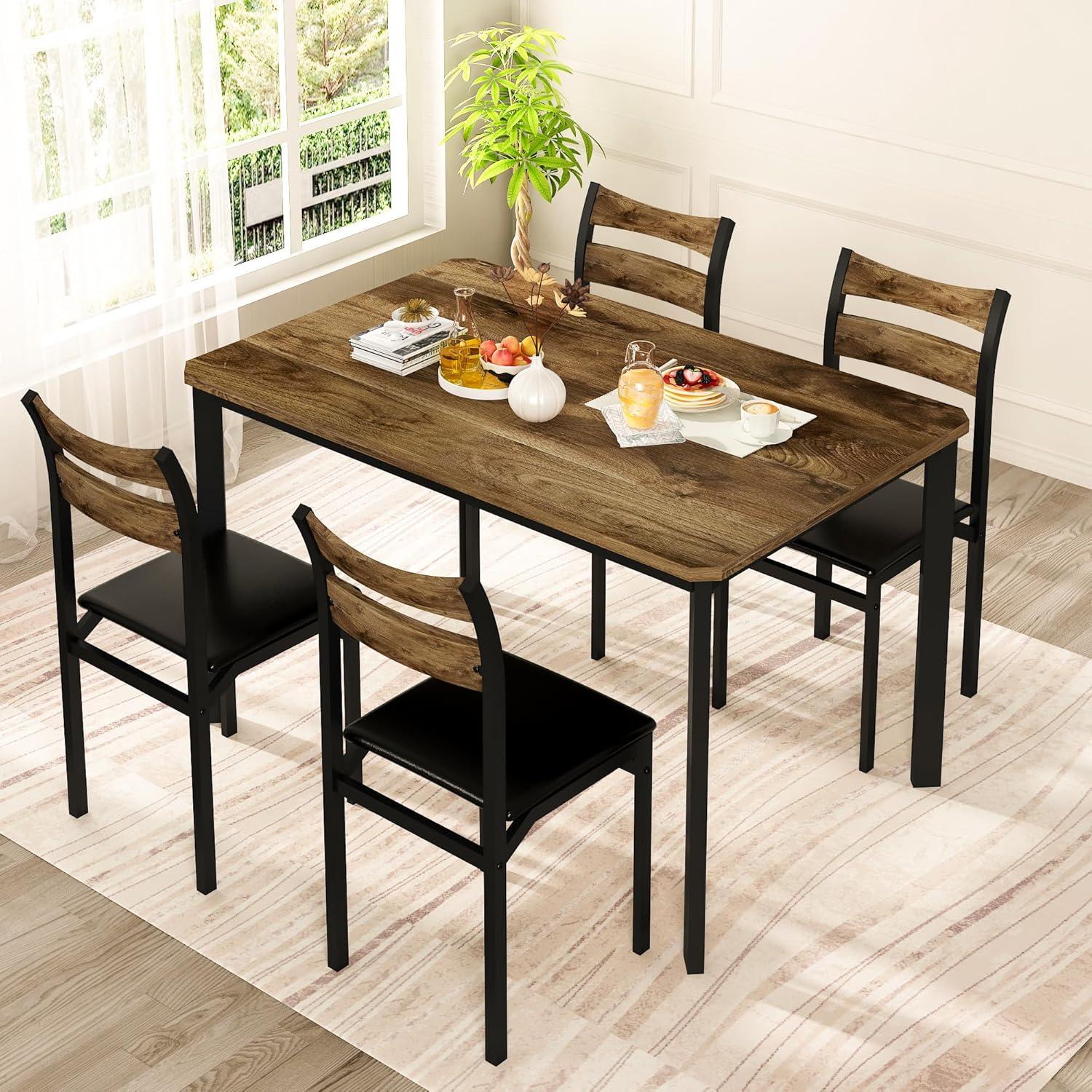 Dining Table Set for 4, 43.3" Dining Room Table with 4 Upholstered PU Leather Chairs, Modern Wood Kitchen Table and Chairs Set, 5-Piece Dinette Set for Breakfast Nook, Small Places, Brown