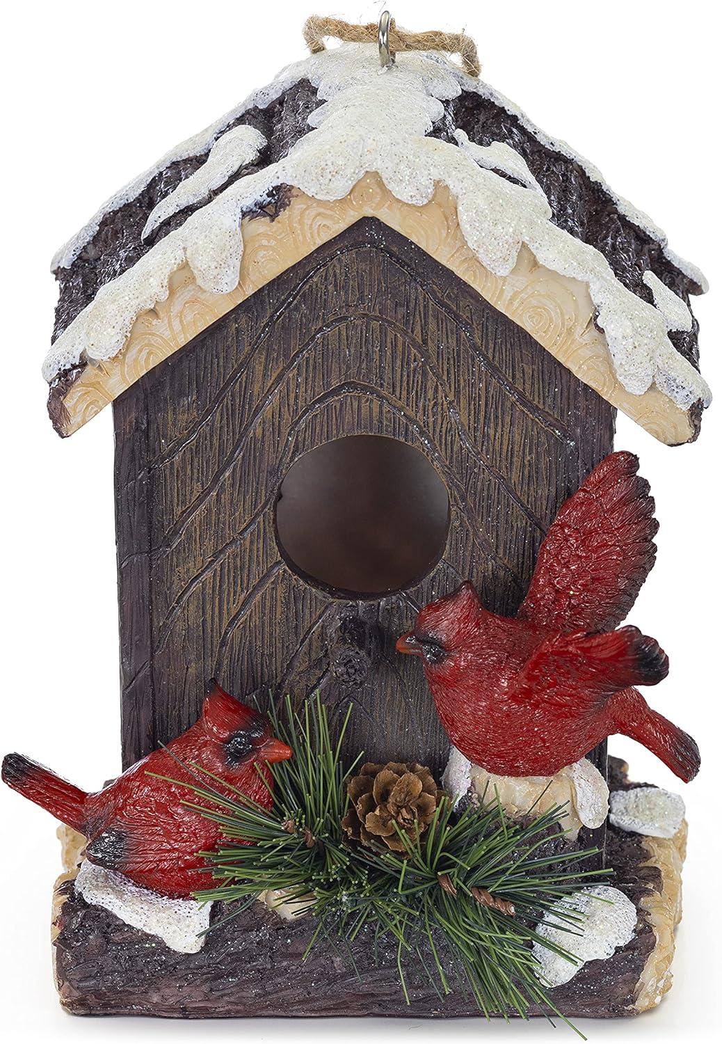 Winter Cardinals Hand-Painted Polyresin Hanging Birdhouse