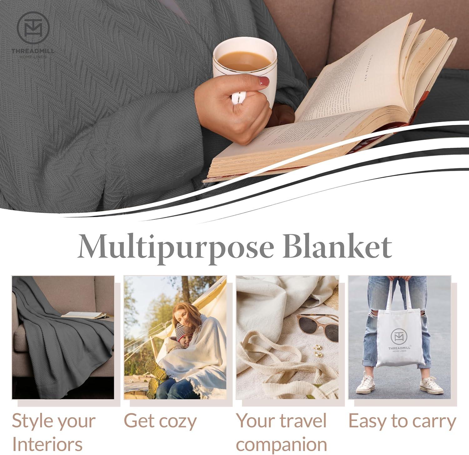 Threadmill Home Linen Cotton Thermal Blanket, Twin Size Bed, Herringbone, 350GSM, 68x92, Dark Grey