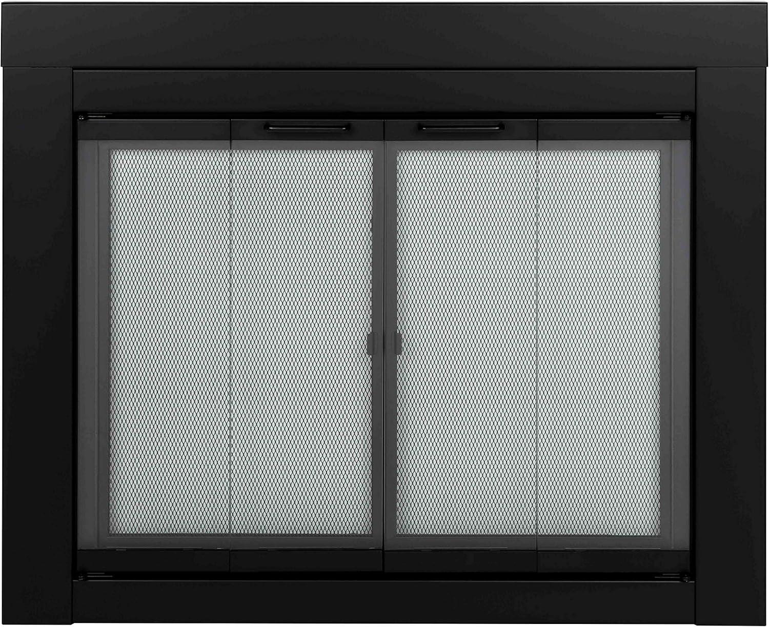 Medium Black Steel Fireplace Glass Door with Mesh Screen