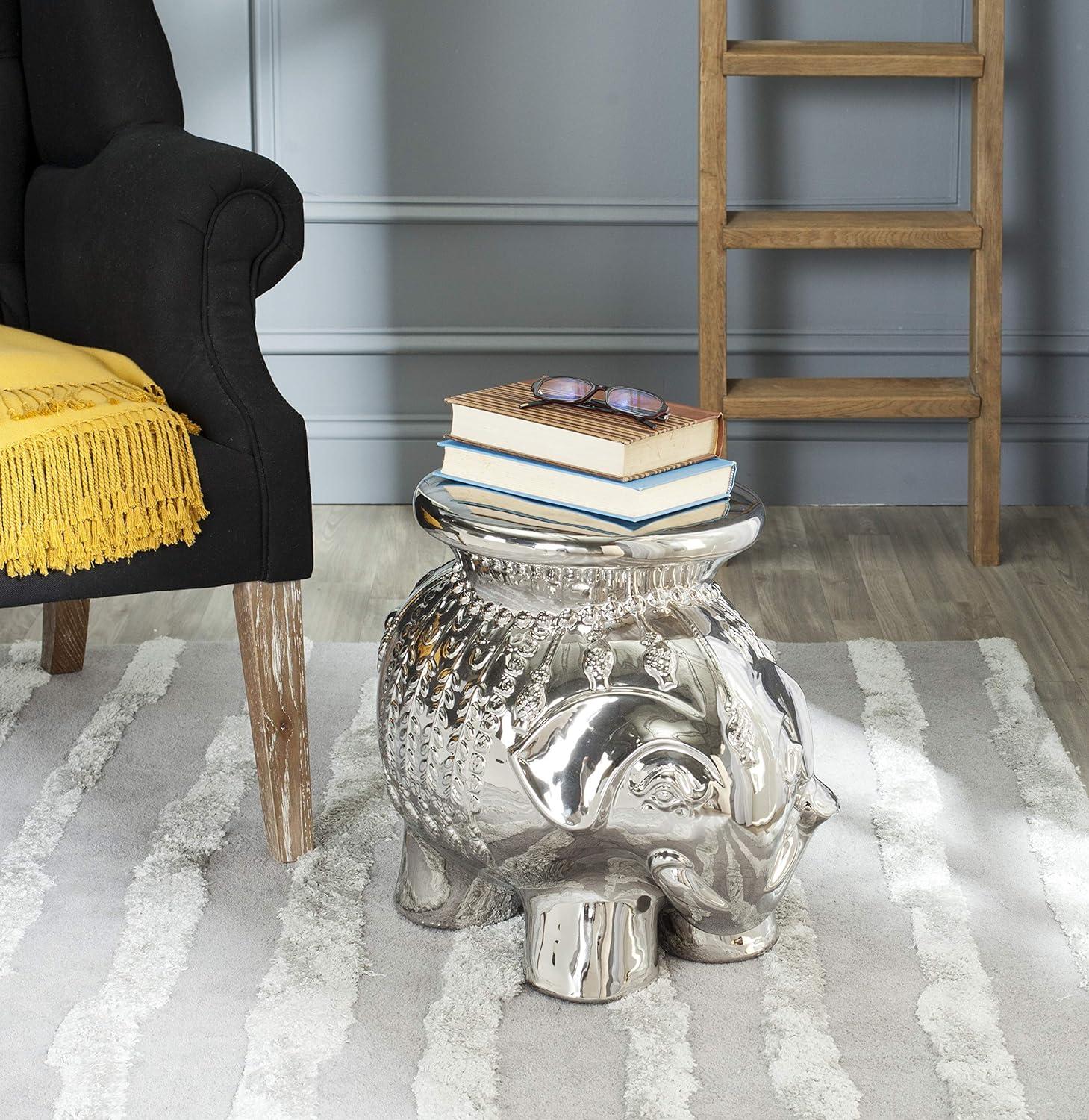 Silver Ceramic Elephant Garden Stool