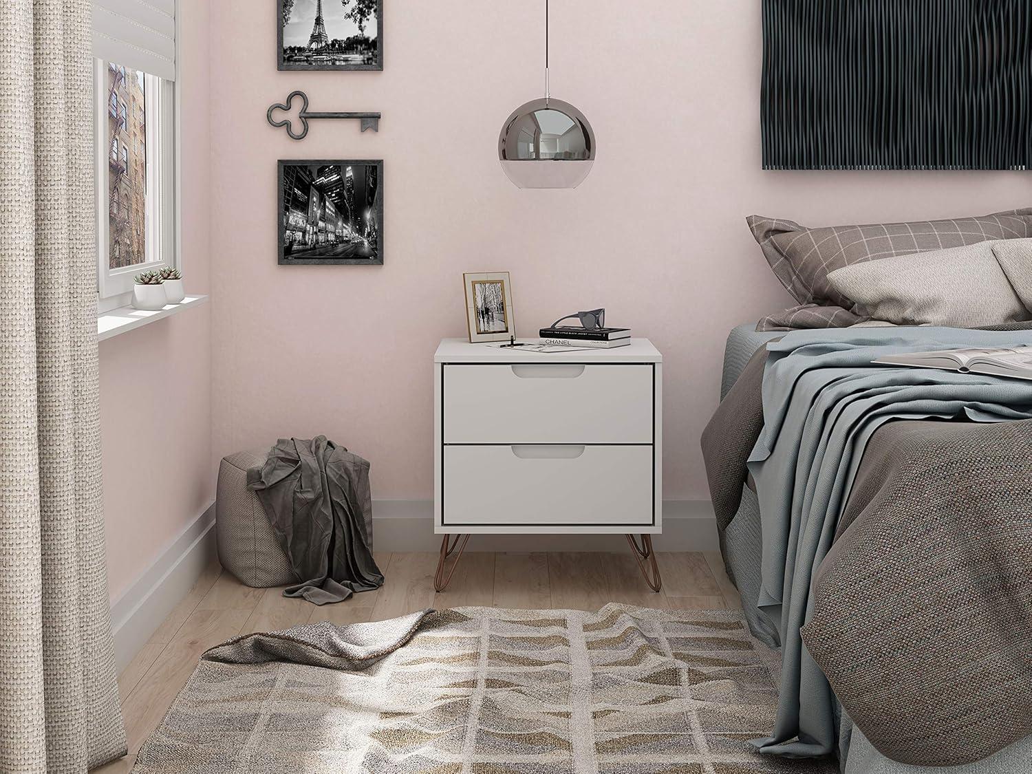 Set of 2 Rockefeller 2 Drawer Nightstands White - Manhattan Comfort: Modern Splayed Metal Legs, MDF