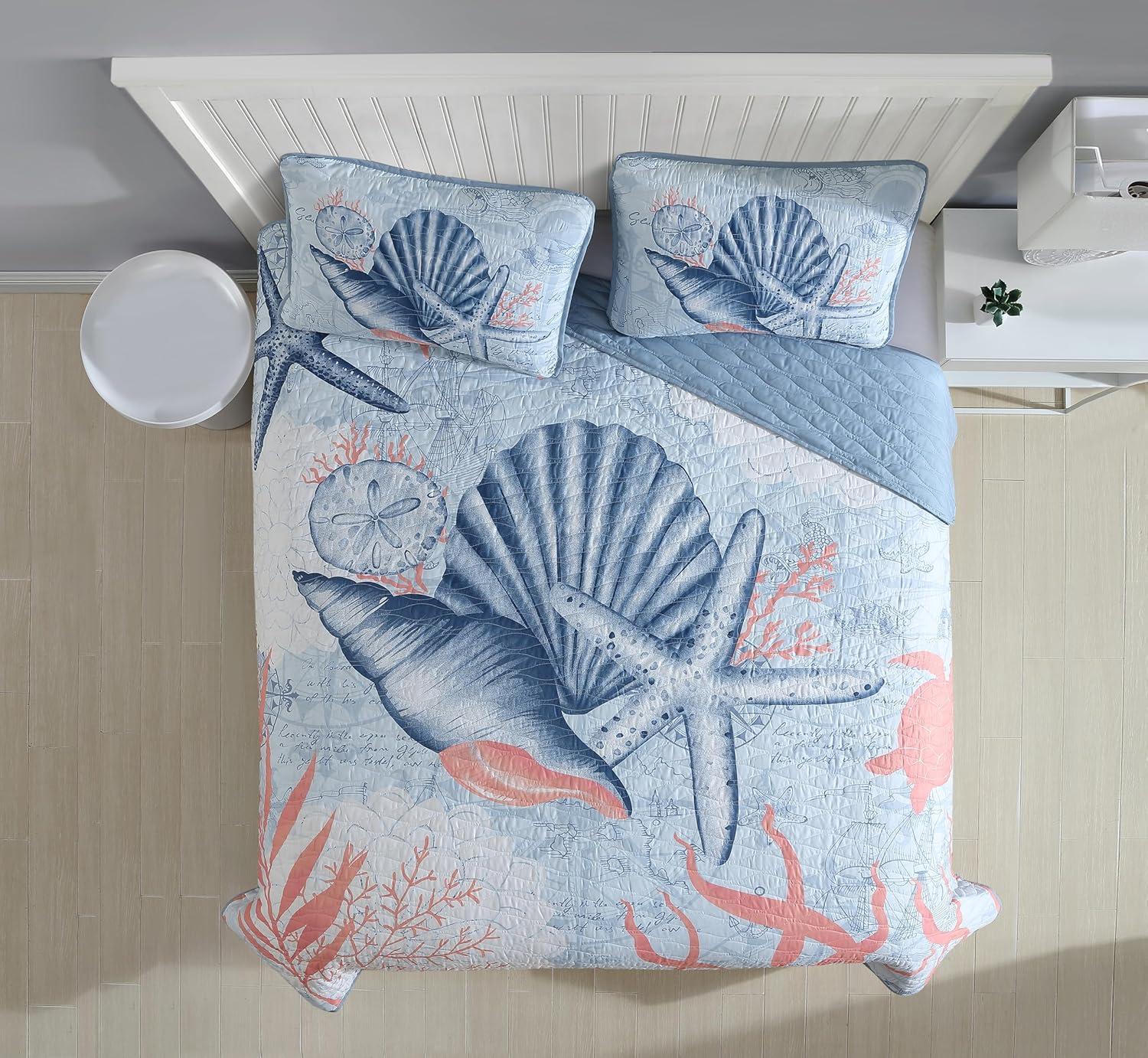 Caribbean Joe  Coastal 3PC Quilt Set Coral Turtle - Full - Queen
