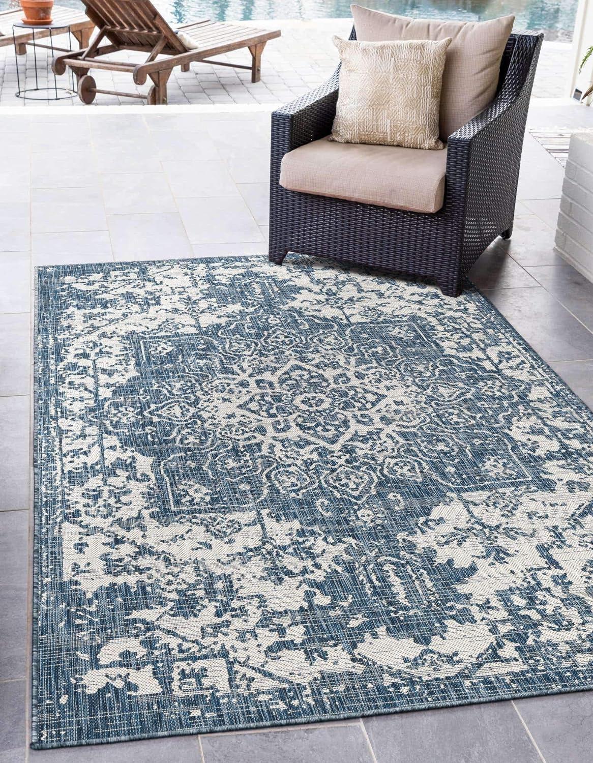 Blue Medallion Easy-Care Outdoor Rectangular Area Rug