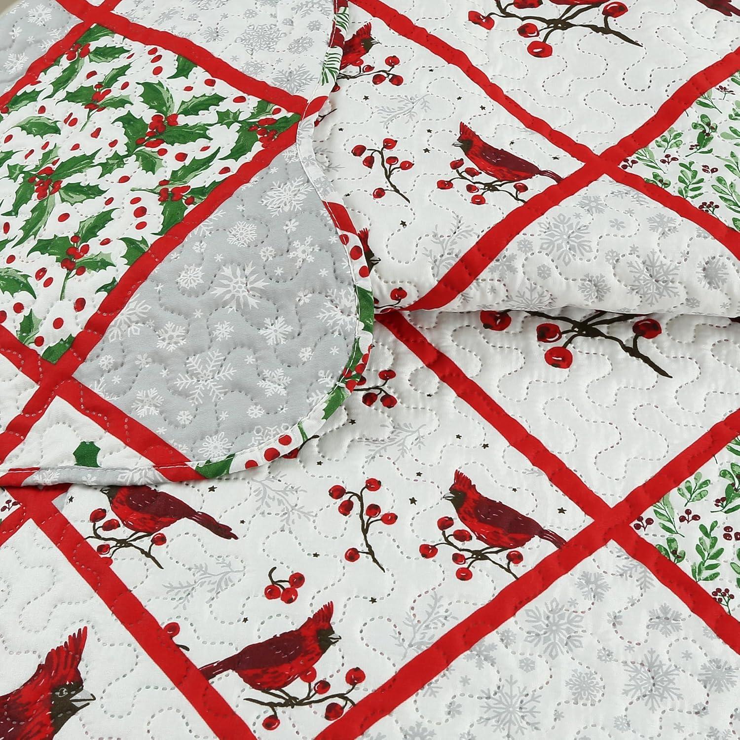 Printed Embossed Pinsonic Bedspread Soft Bedding Christmas Quilt Set, Red Cardinal Poinsettia