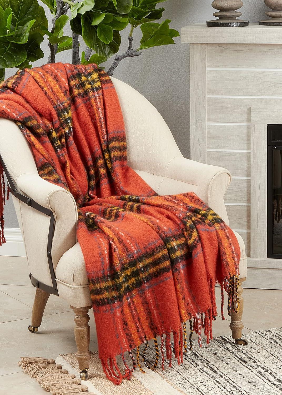 50"x60" Traditional Plaid Throw Blanket Orange - Saro Lifestyle: Acrylic, Knitted, Lightweight Fabric, All Ages