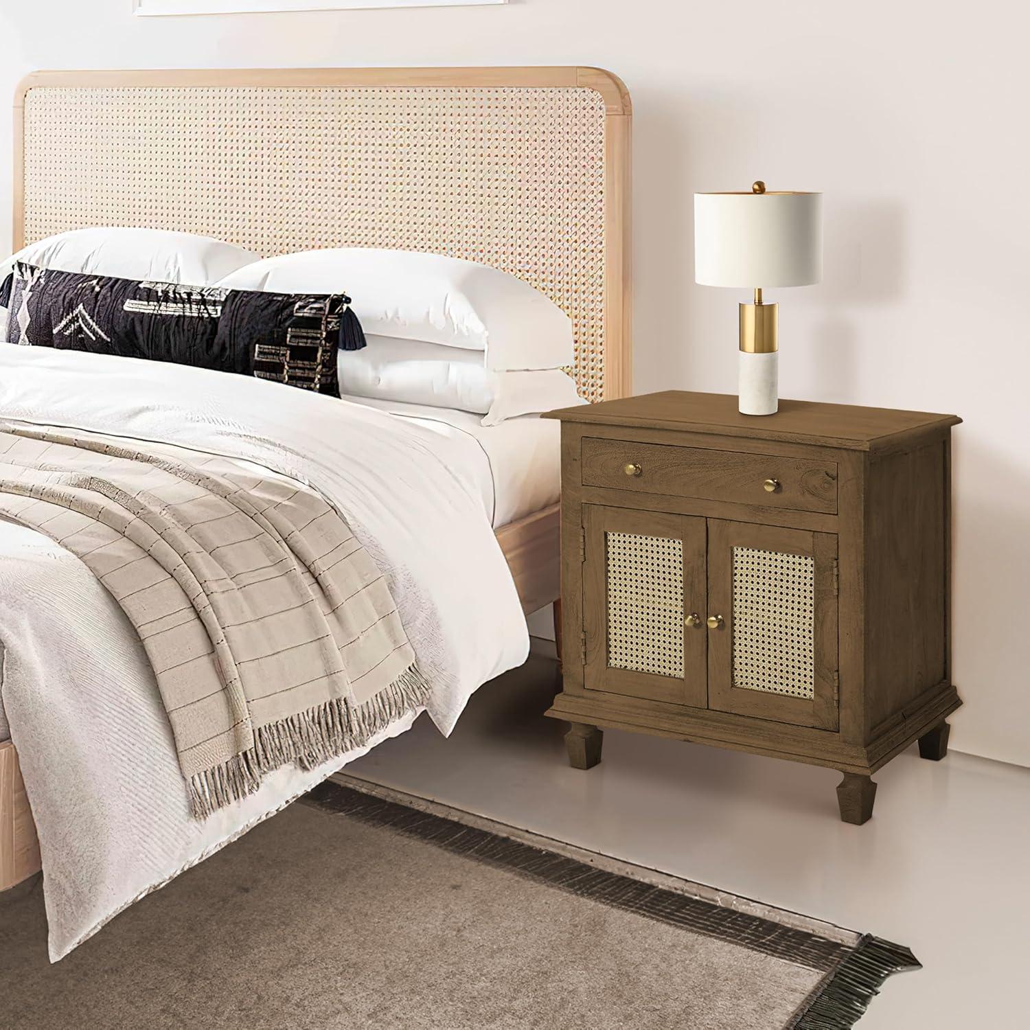 The Urban Port 30" Nightstand Table Rattan Cabinet Doors and Drawer Fronts Sandblasted Brown Mango Wood Brown