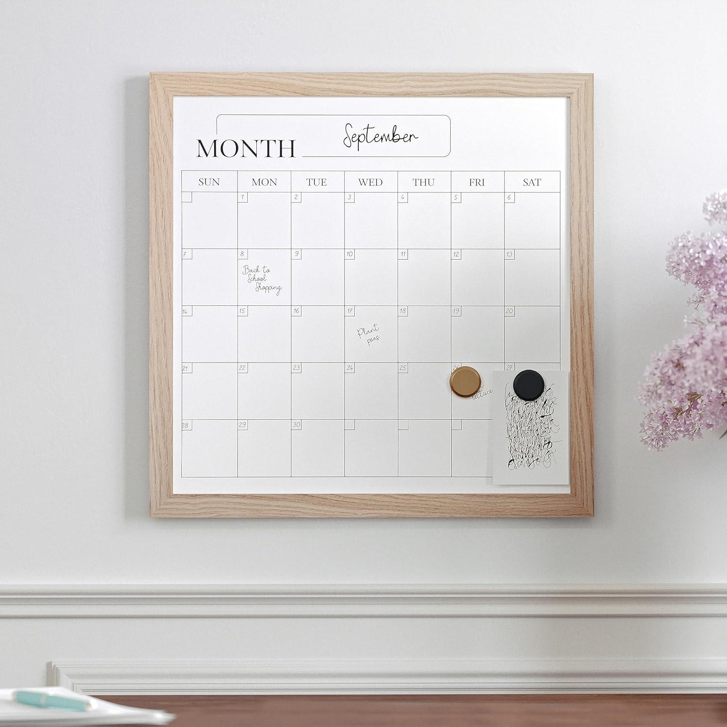 Martha Stewart Everette 18" x 18" Magnetic Monthly Calendar Dry Erase Board with Light Natural Woodgrain Frame, Included Dry Erase Marker and 2 Magnets