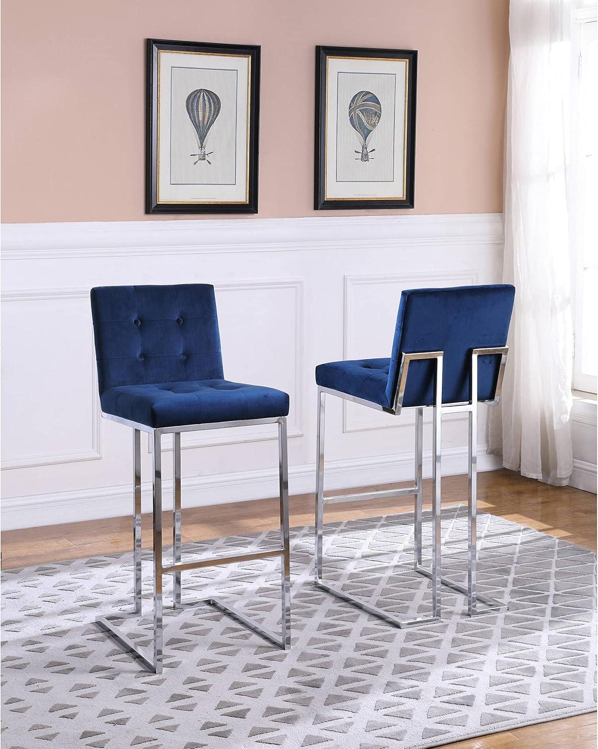 Barstools with Tufted Seats in Teal Blue Velvet and Chrome Legs (Set of 2)