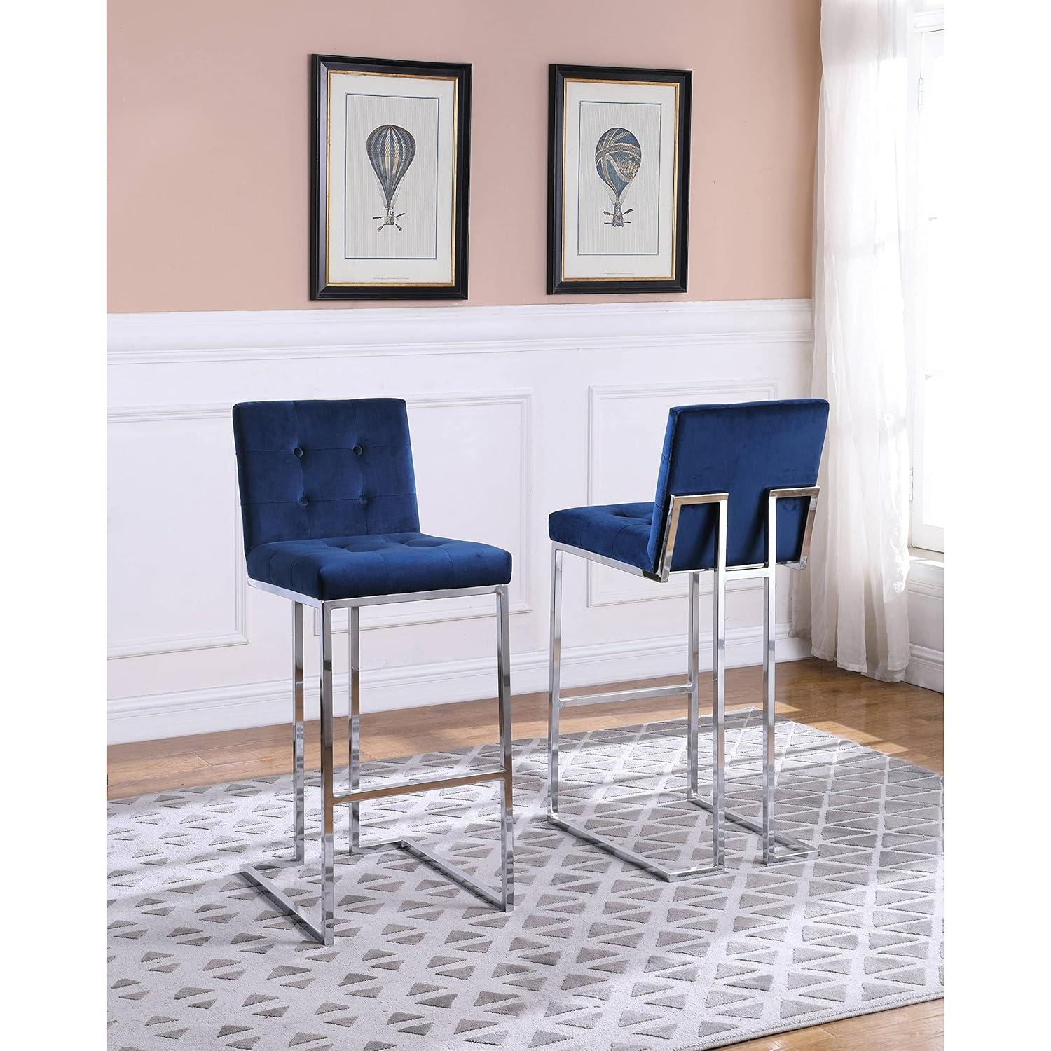 Barstools with Tufted Seats in Teal Blue Velvet and Chrome Legs (Set of 2)