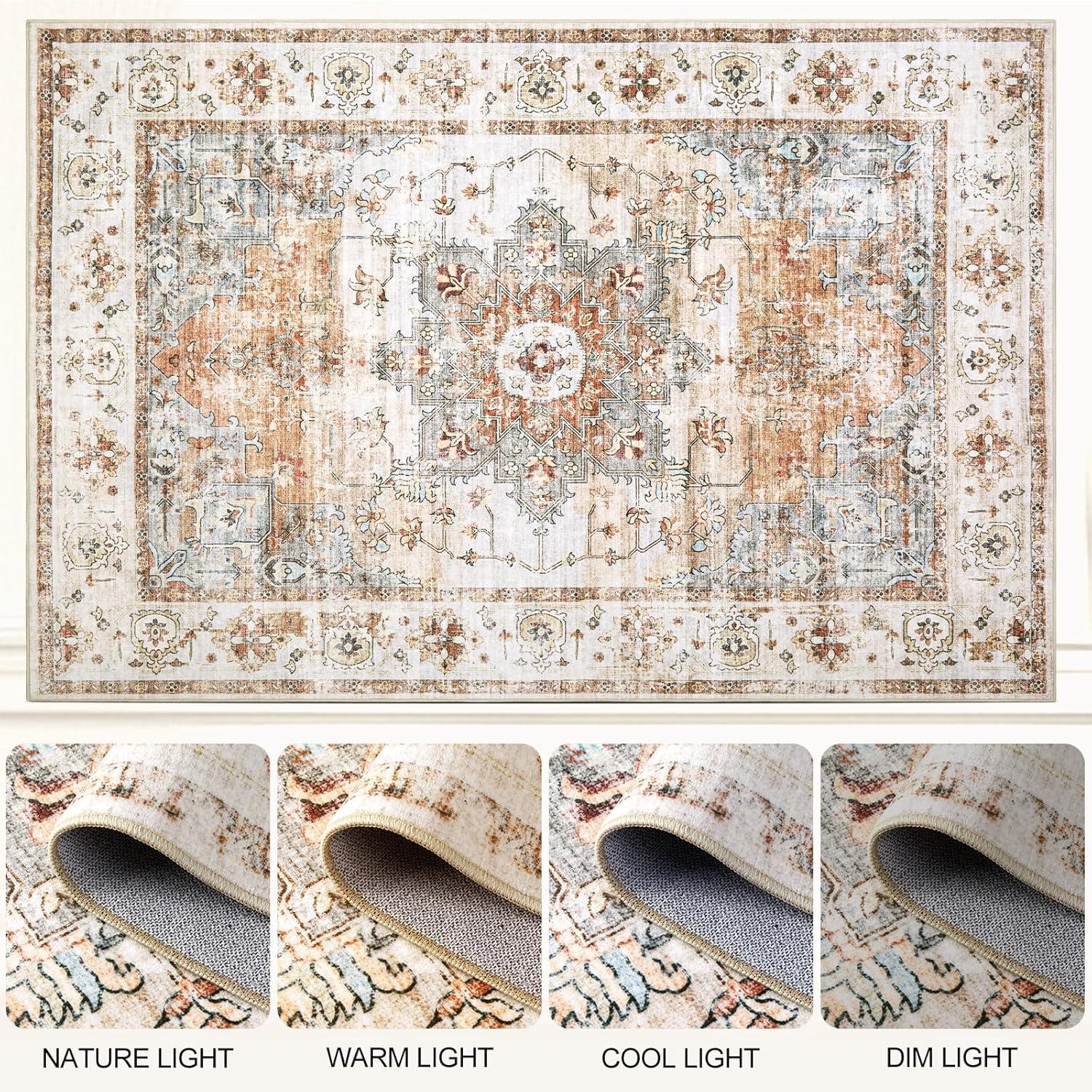 GlowSol 8x10 Floral Area Rug for Living Room Bedroom Retro Distressed Area Rug Traditional Medallion Non-Slip Low Pile Carpet Floor Decoration, Blue