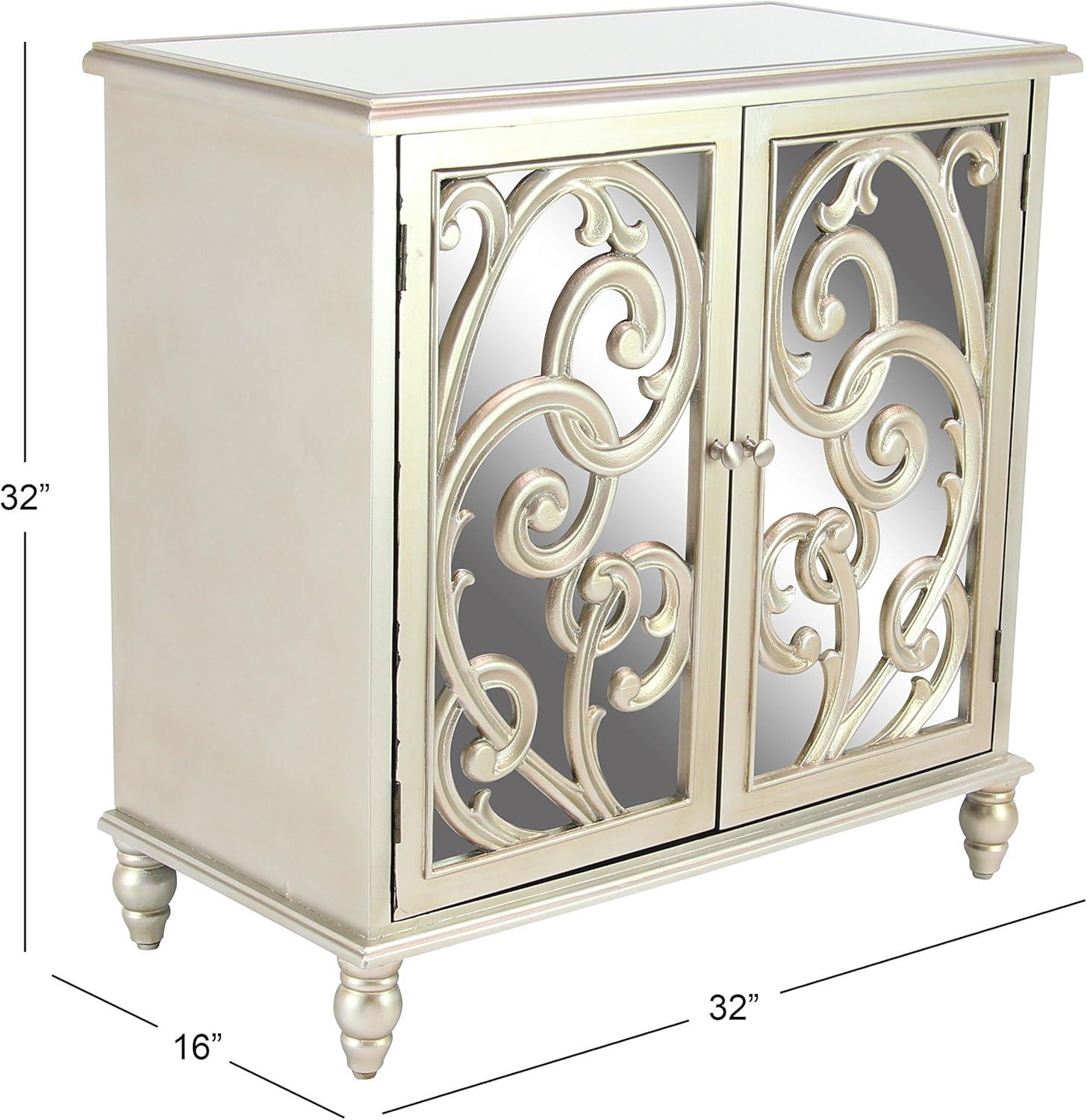 DecMode 31" x 30" Champagne Wood Intricately Carved 1 Shelf and 2 Doors Scroll Cabinet with Mirrored Front, 1-Piece