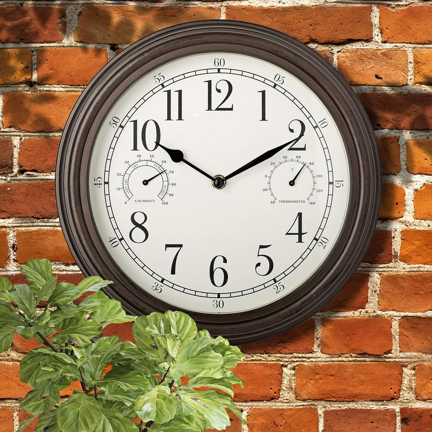 12" Outdoor Wall Clock with Weather Resistant Temperature/Humidity Dials - Westclox: Quartz Movement, Bronze Frame