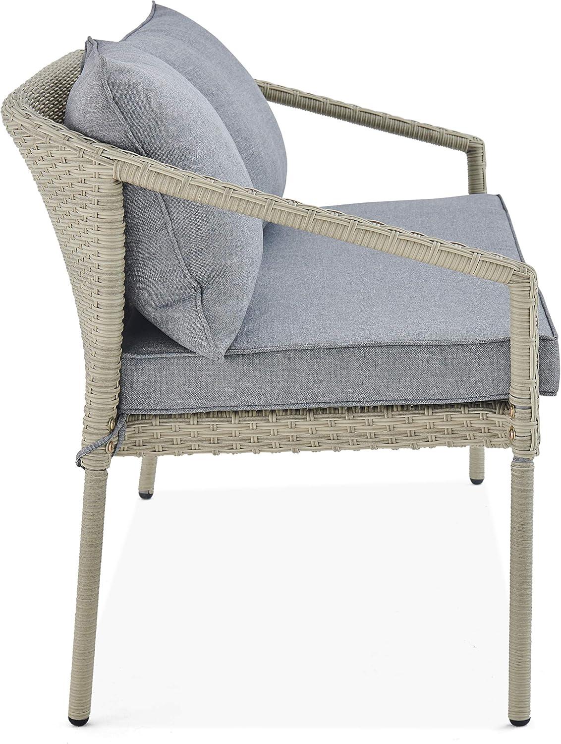 Windham Coastal All-Weather Wicker Two-Seat Outdoor Bench in Light Gray with Cushions