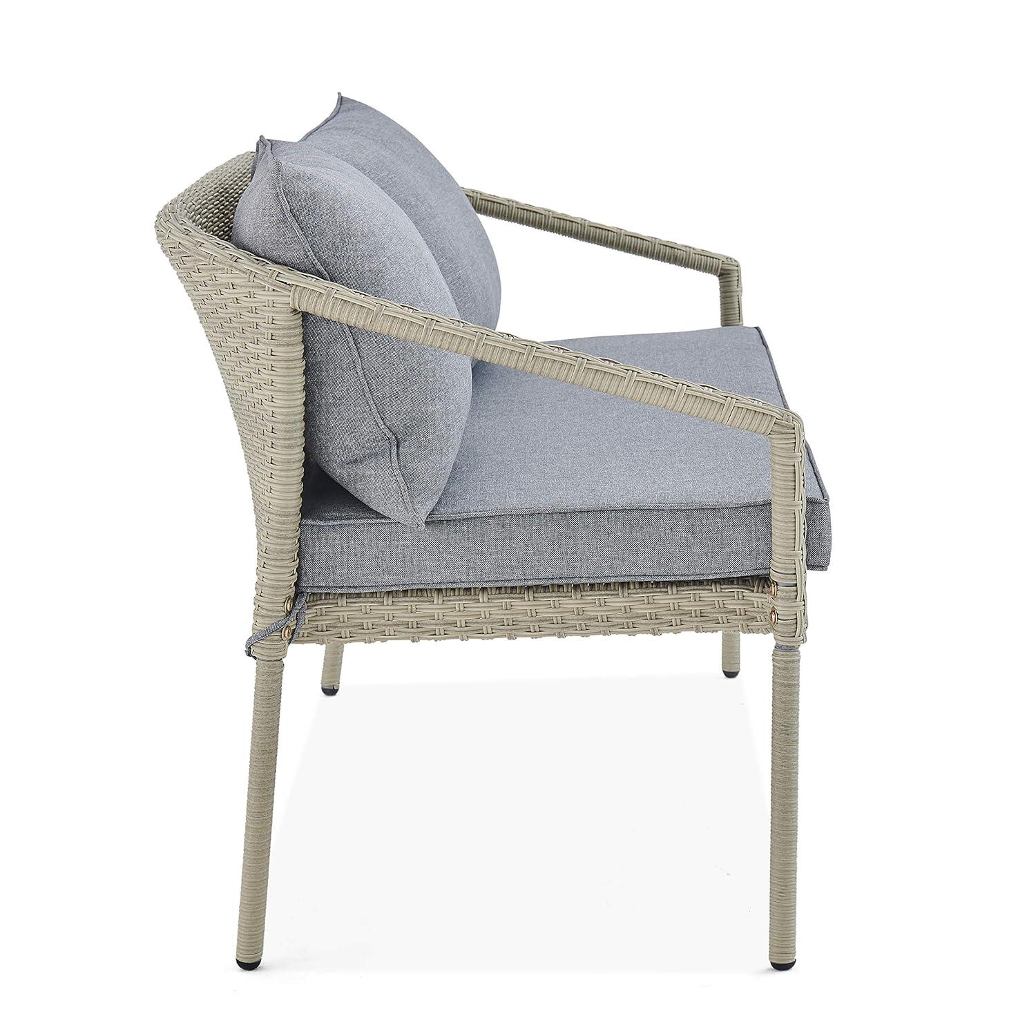 Windham All-Weather Wicker Two-Seat Outdoor Light Gray Bench with Dark Gray Cushions