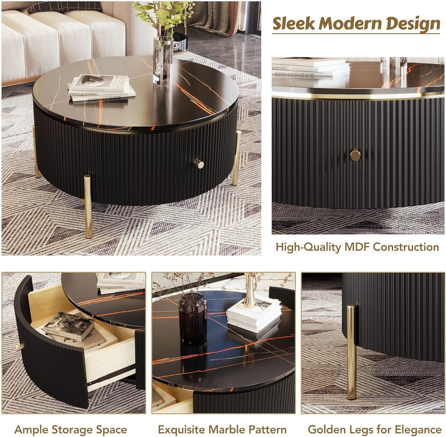 Black Round Coffee Table with Gold Legs and Storage Drawers