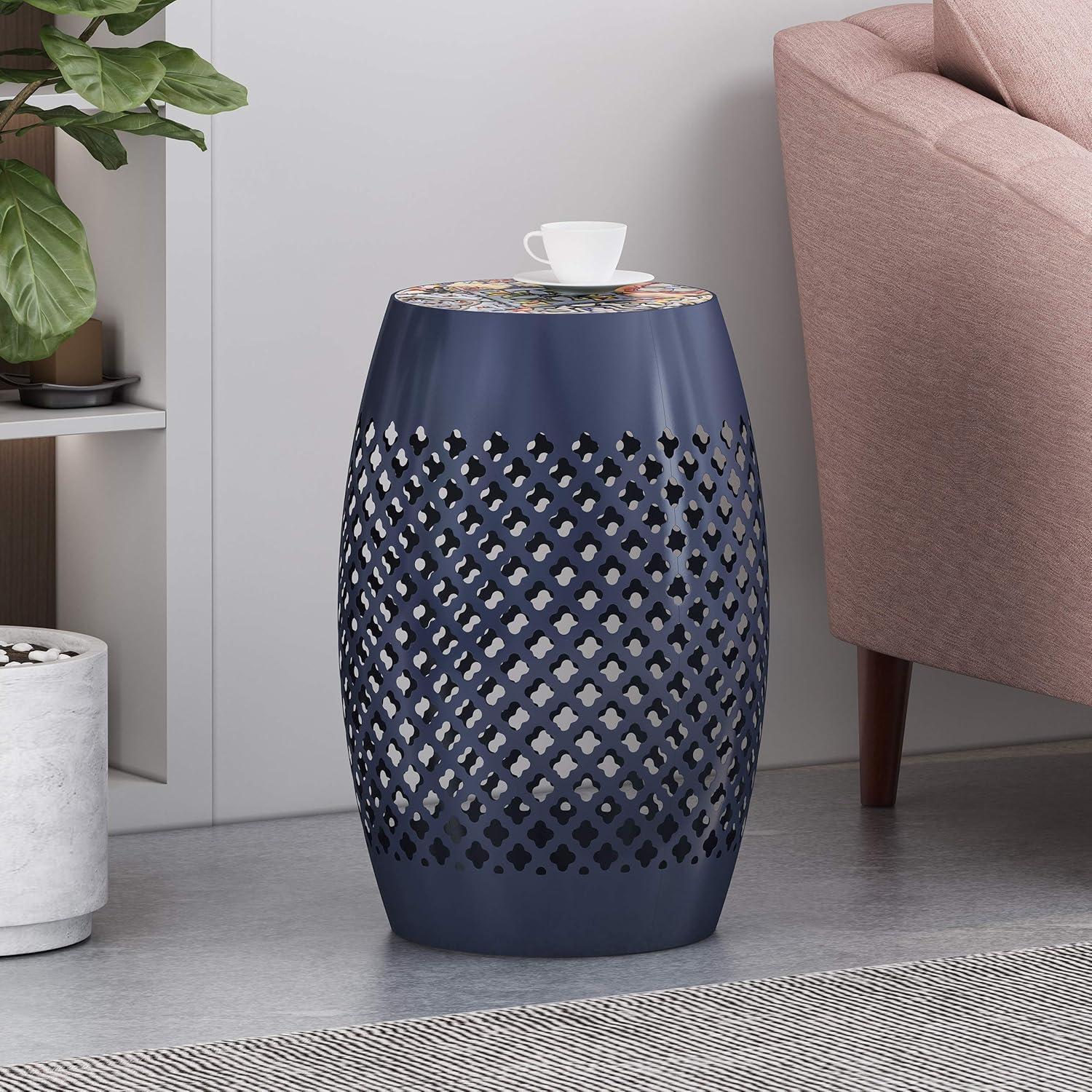 GDF Studio Kalyse Outdoor Lace Cut Side Table with Tile Top, Dark Blue and Multicolored