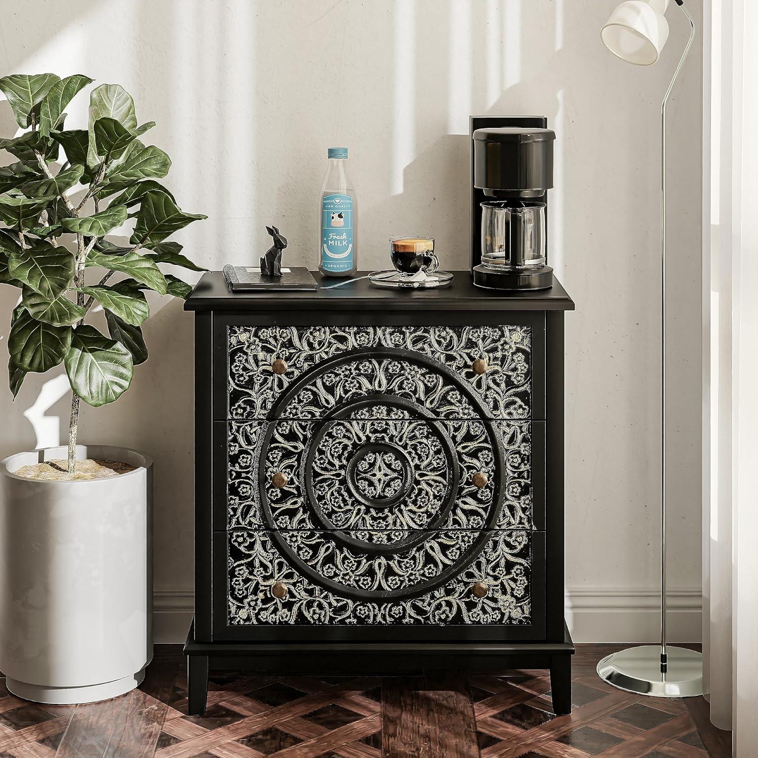 COZAYH 3-Drawer Fully-Assembled Flower Motif Nightstand for Small Spaces, French Country, Modern, Distressed Finish, Gold & Black