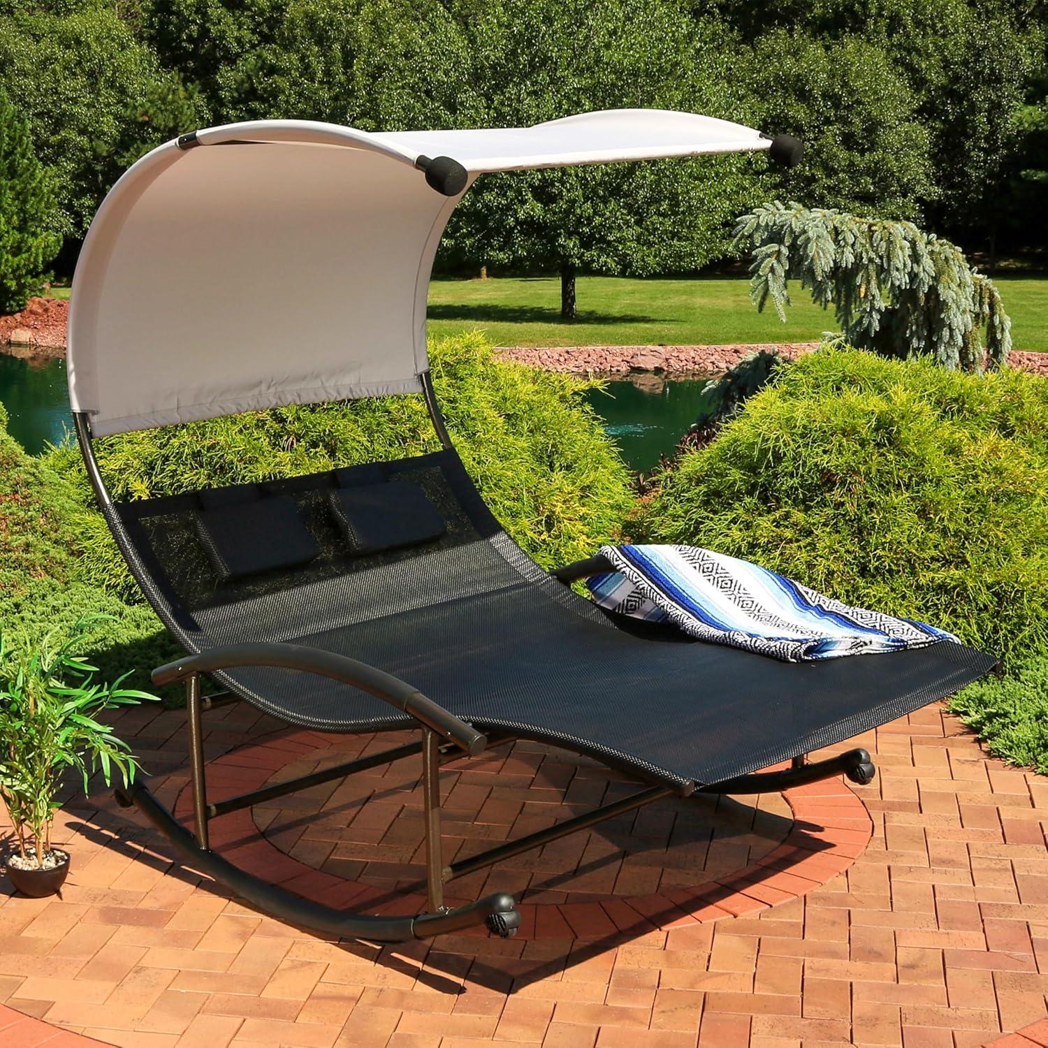 Sunnydaze Outdoor Double Chaise Lounge Bed with Canopy Shade and Headrest Pillows, Black