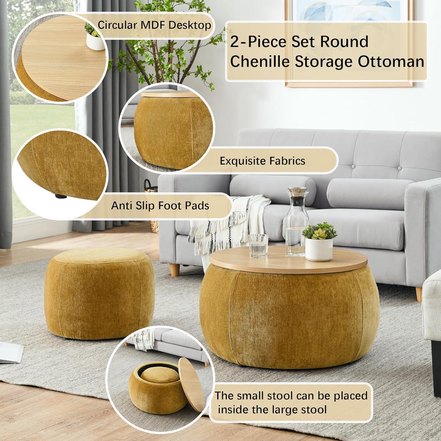 Dark Yellow Chenille Round Storage Ottoman Set with Eucalyptus Wood