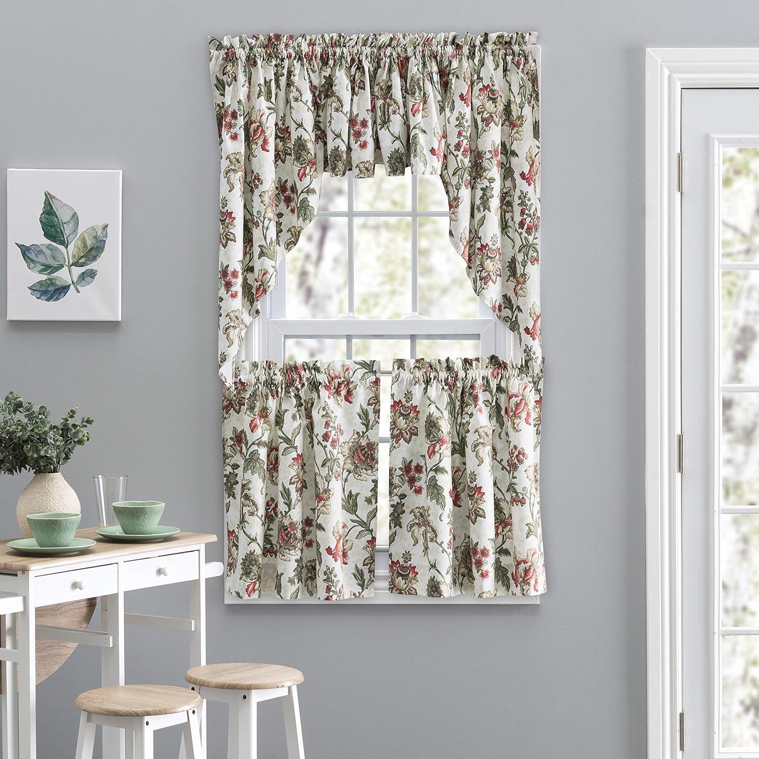 Ellis Curtain Madison Floral Design Printed Natural Ground 1.5" Rod Pocket Tailored Swag 56" x 36" Brick